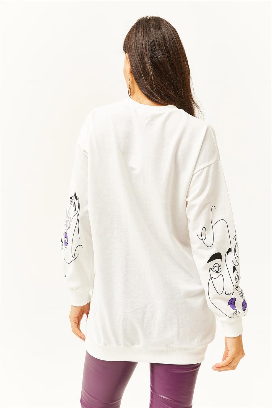Yüz Figürlü Oversize Sweatshirt Beyaz