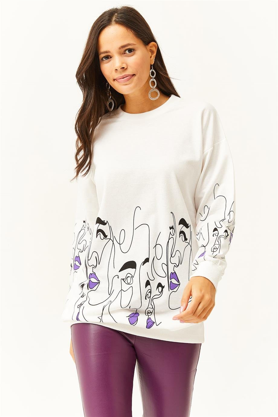 Yüz Figürlü Oversize Sweatshirt Beyaz