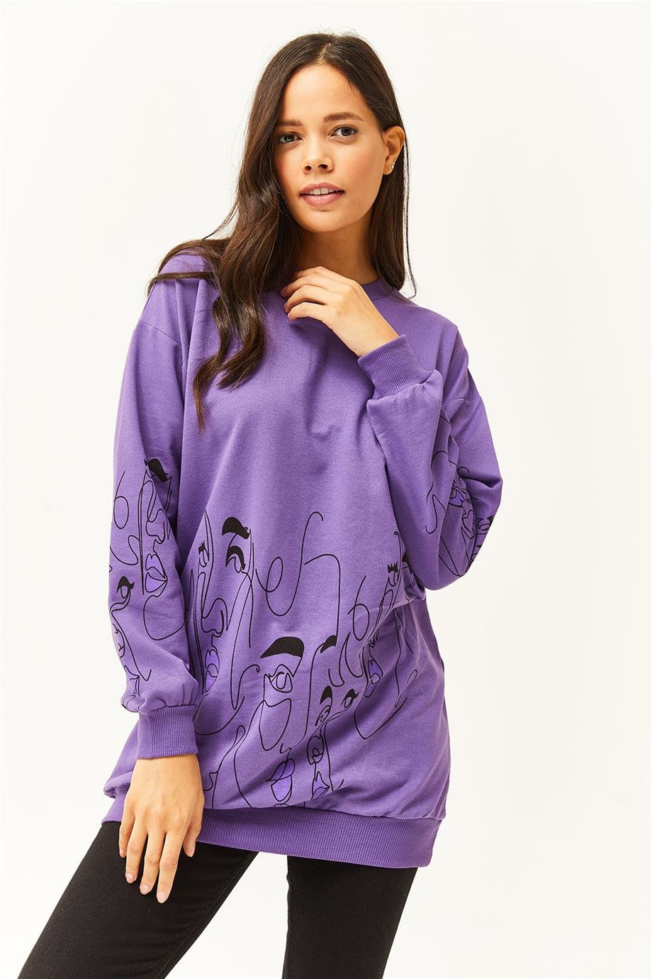 Yüz Figürlü Oversize Sweatshirt Mor