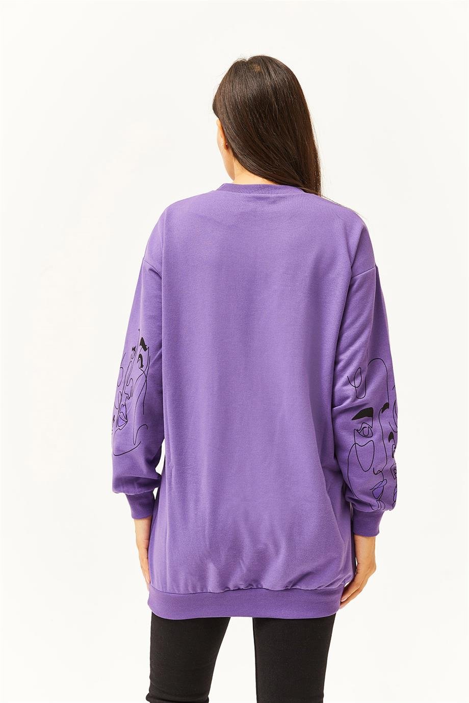 Yüz Figürlü Oversize Sweatshirt Mor