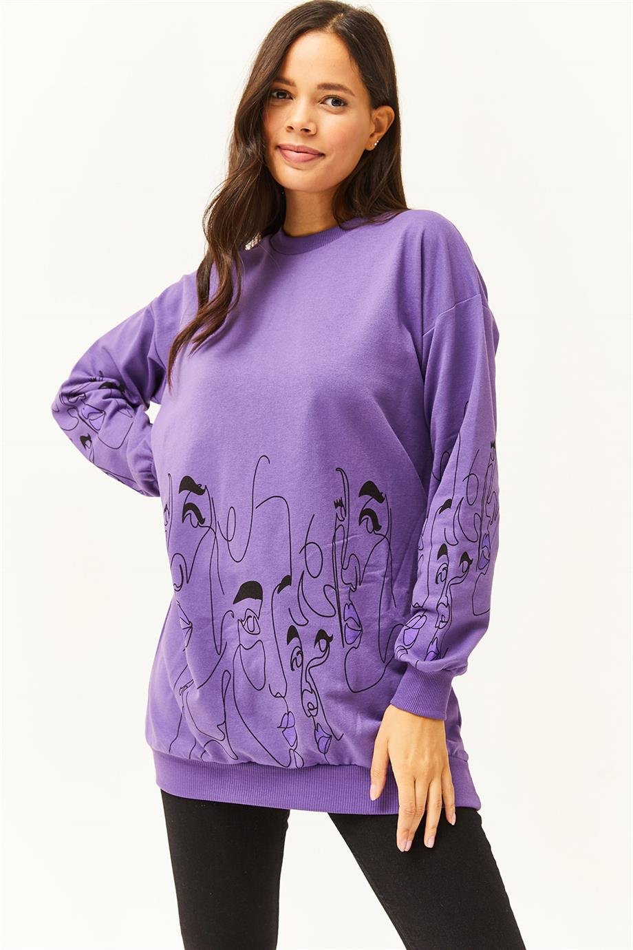 Yüz Figürlü Oversize Sweatshirt Mor