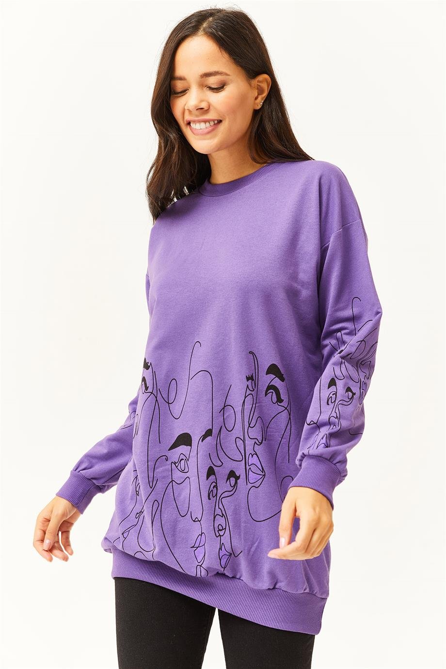 Yüz Figürlü Oversize Sweatshirt Mor