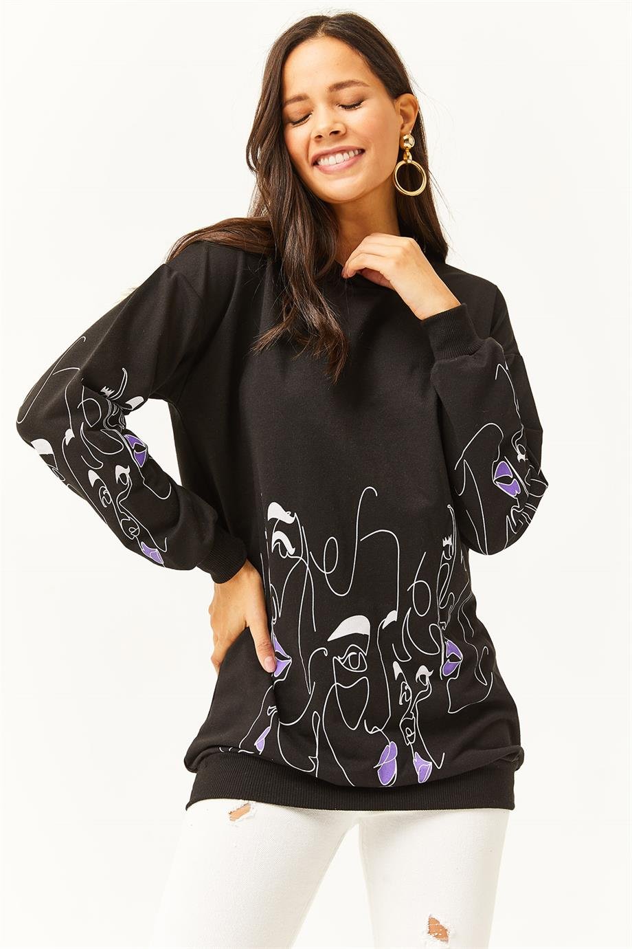 Yüz Figürlü Oversize Sweatshirt Siyah