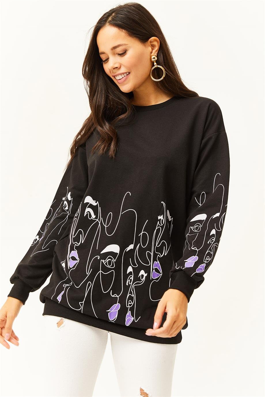 Yüz Figürlü Oversize Sweatshirt Siyah