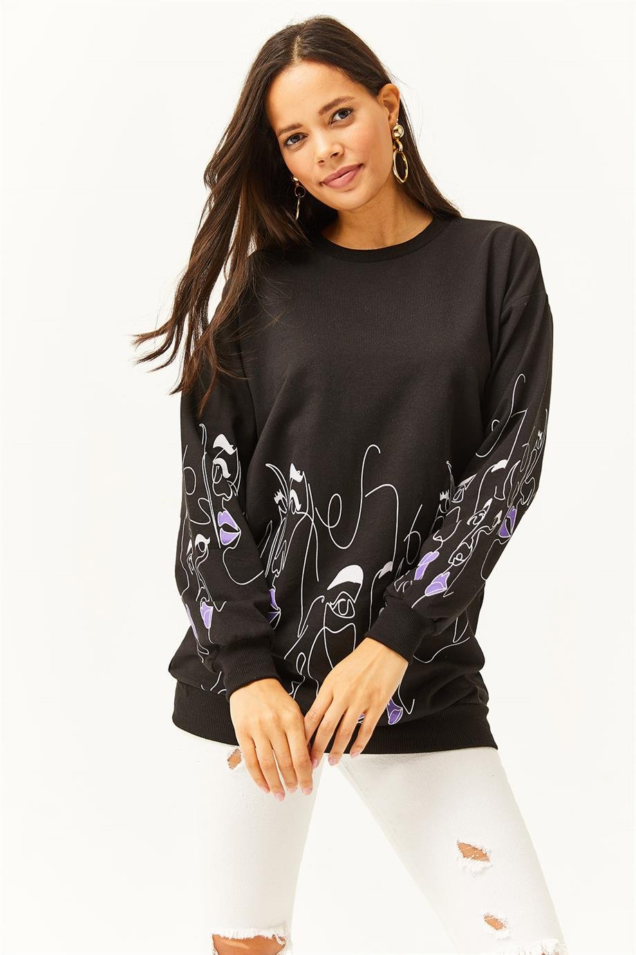 Yüz Figürlü Oversize Sweatshirt Siyah