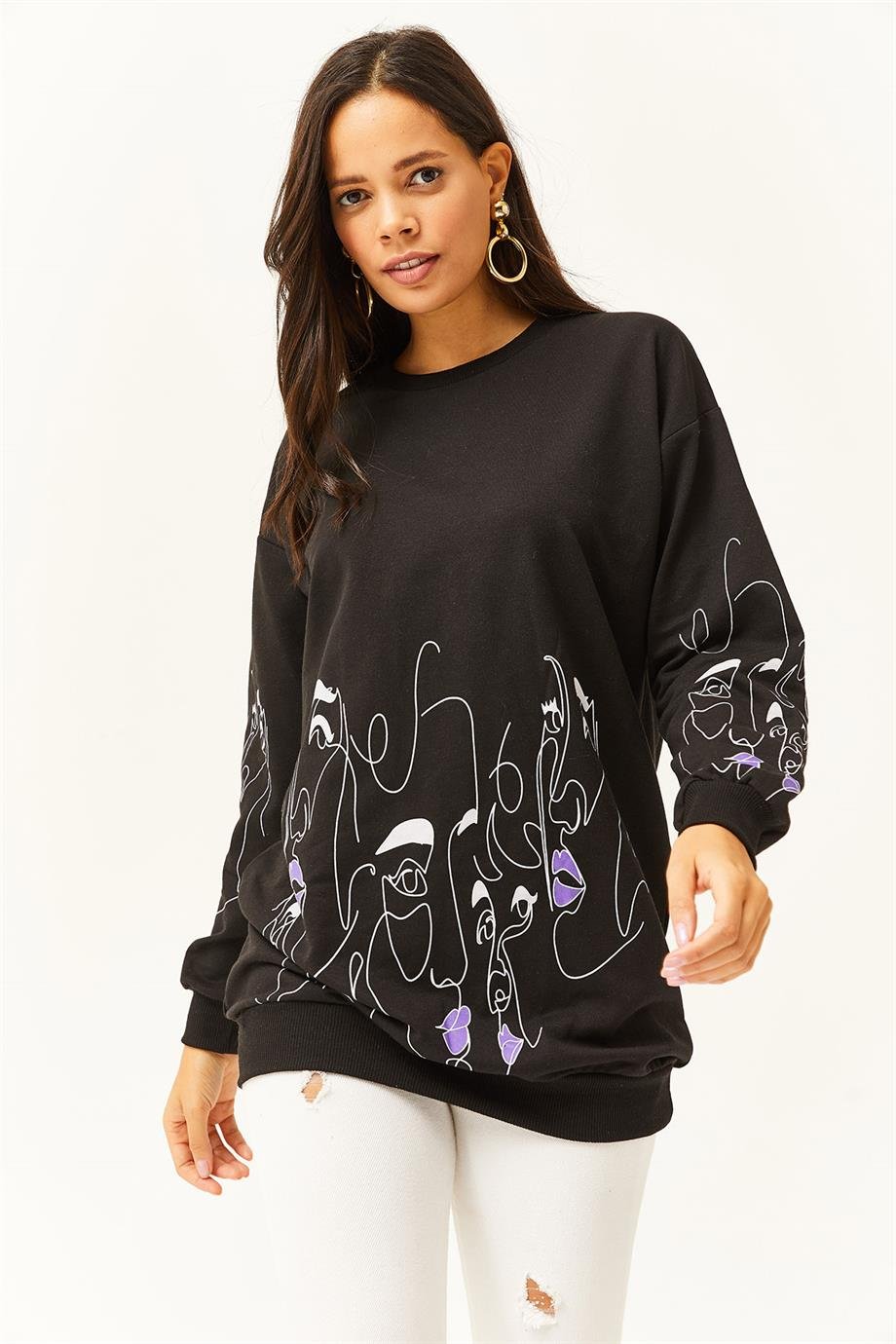 Yüz Figürlü Oversize Sweatshirt Siyah