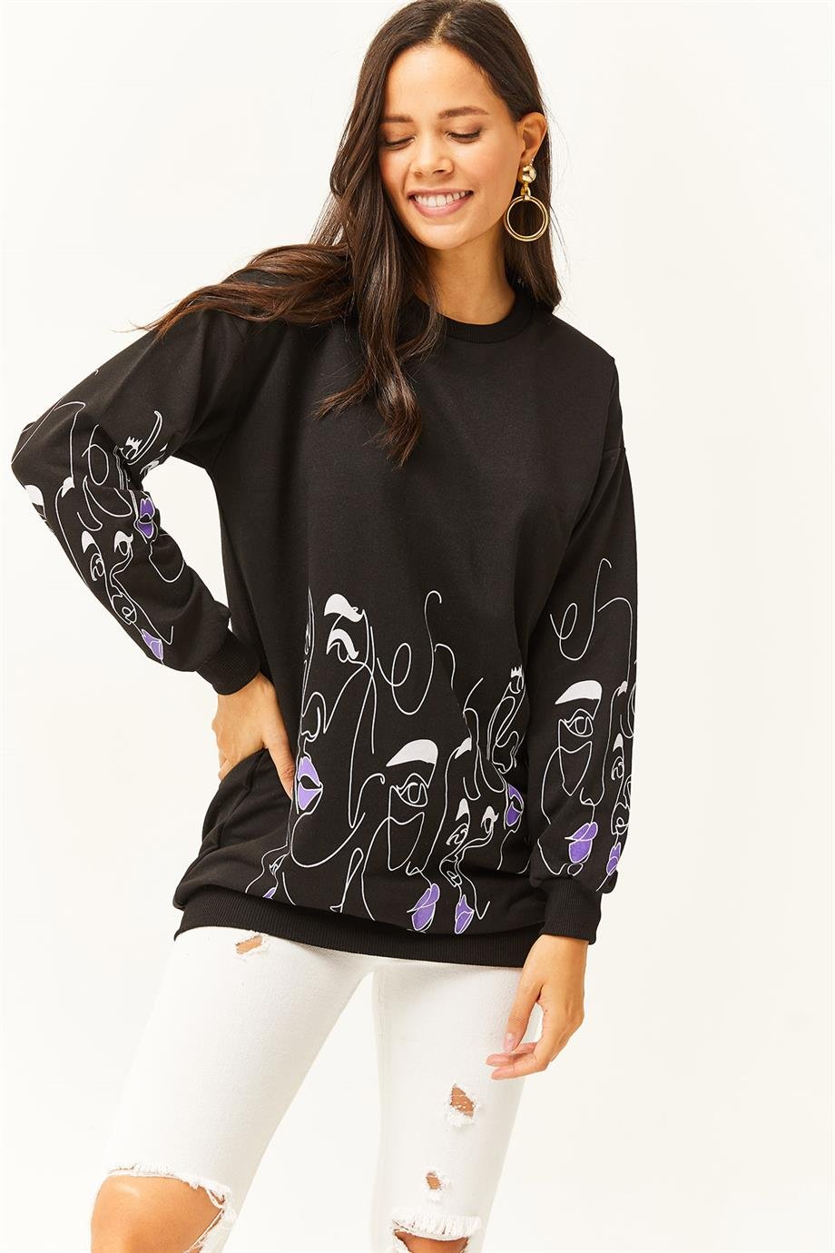 Yüz Figürlü Oversize Sweatshirt Siyah
