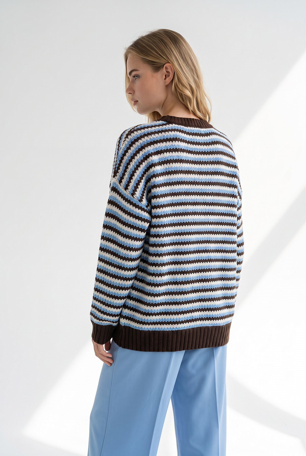 Zigzag Şeritli Triko Kazak Mavi Beyaz