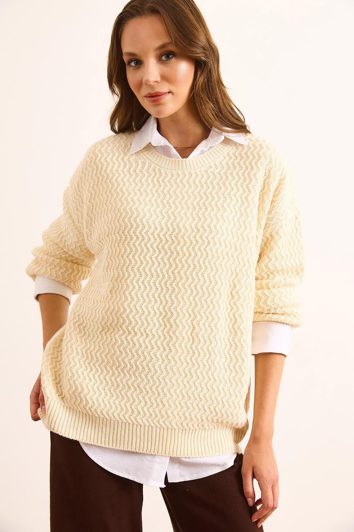 Zikzak Örgü Oversize Triko Kazak Ekru