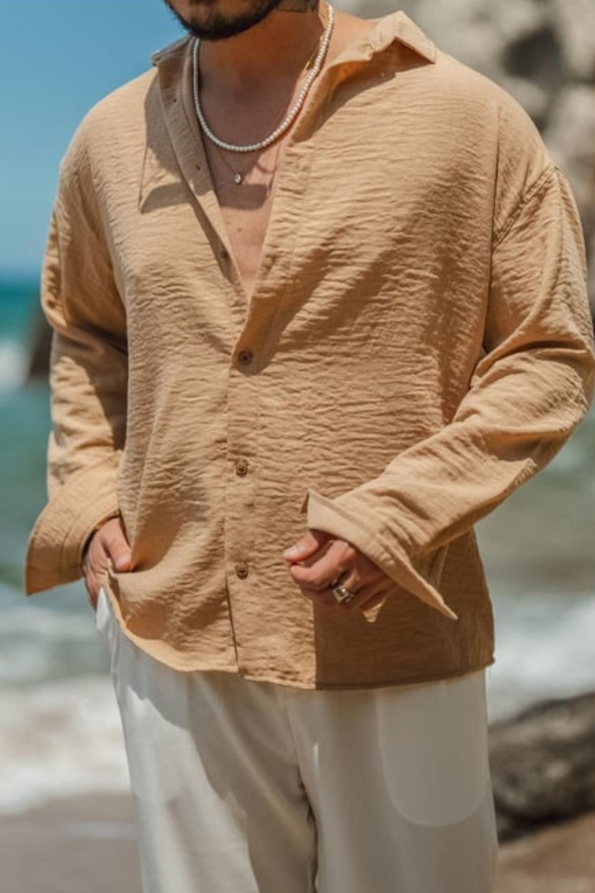 COOL TARZGömlekGMLK722211R05-1Erkek Uzun Kollu Gömlek Yaka Keten Oversize Gömlek