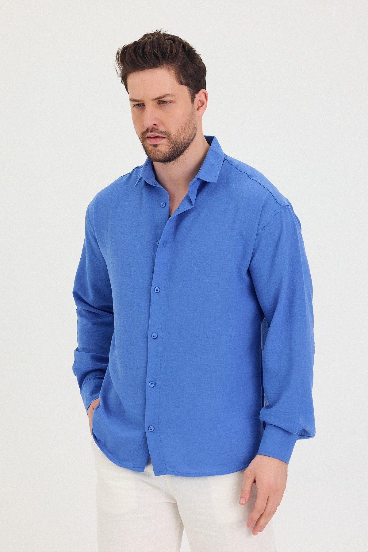 COOL TARZGömlekTSH-E-25SS-010-GÖM-M7-R212Erkek Slim Fit Dar Kalıp Uzun Kol Pamuklu Keten Efekt Gömlek