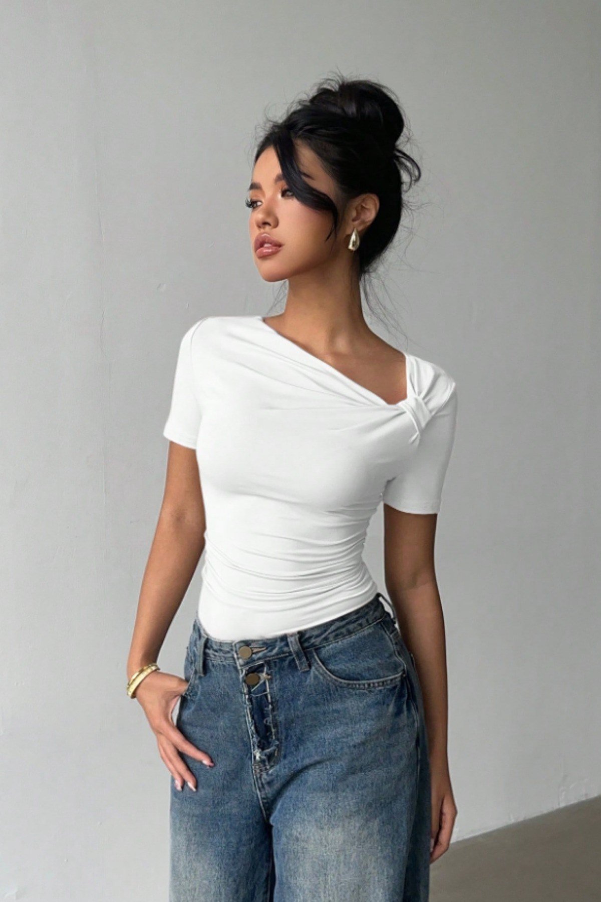 Tarz CoolBluzCPRZYK026BYZSKadın Çapraz Yaka Kısa Kollu Slim Fit Bluz