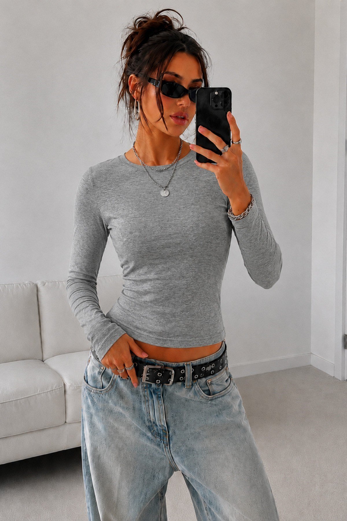 Tarz CoolBluzKBDY025-Gri-XLKadın Dar/Slim Uzun Kollu Basic Bisiklet Yaka Crop Bluz – Esnek Pamuklu Süprem Kumaş