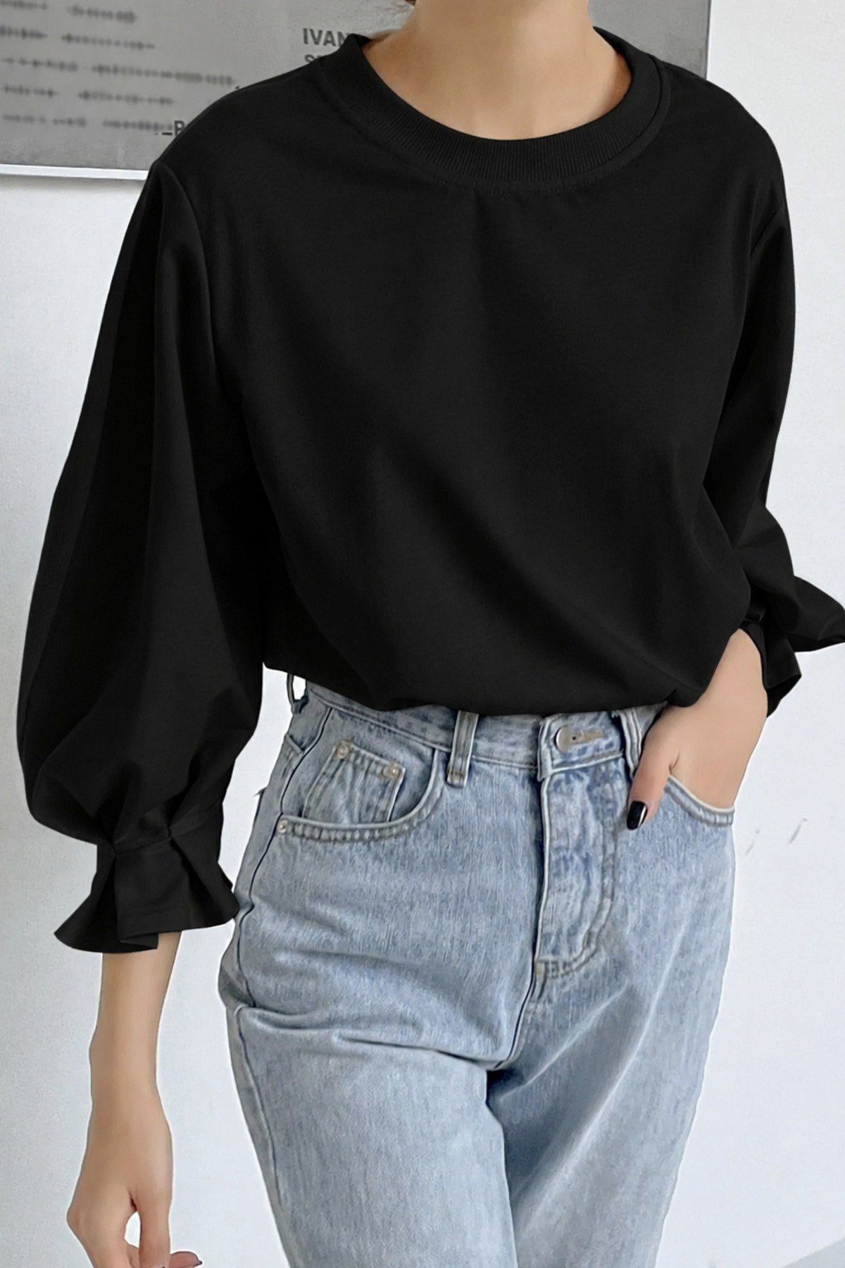 Tarz CoolBluzKDN-FKR-001-SYH-L/XLKadın Modern Kesim Fakir Kol Detaylı Oversize Basic Bluz