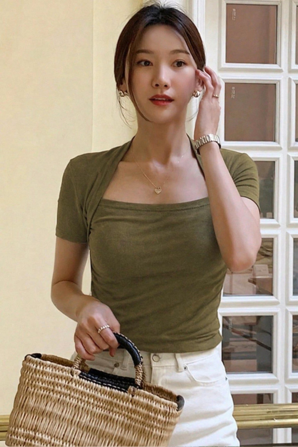 Tarz CoolCropKDN-KĞTŞ-01-HKİ-XLKadın Haki Kuğu Yaka Slim Kısa Kollu Fit Crop Bluz