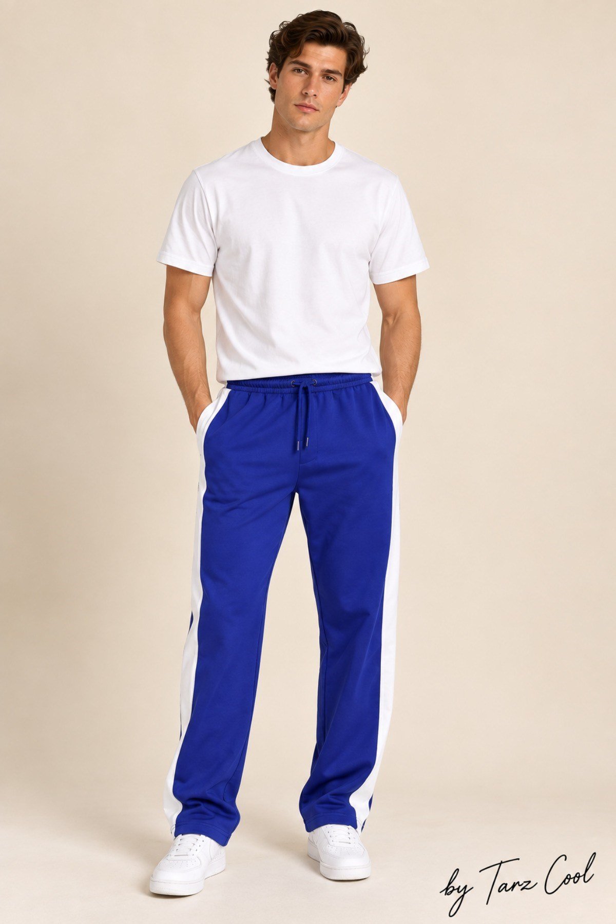 Tarz CoolEşofman AltıTC-EA3107-Saks-MErkek Yan Şeritli Baggy Eşofman Altı 3 İplik Şardonlu Pamuklu Bol Kesim Bol Paça Kışlık Eşofman