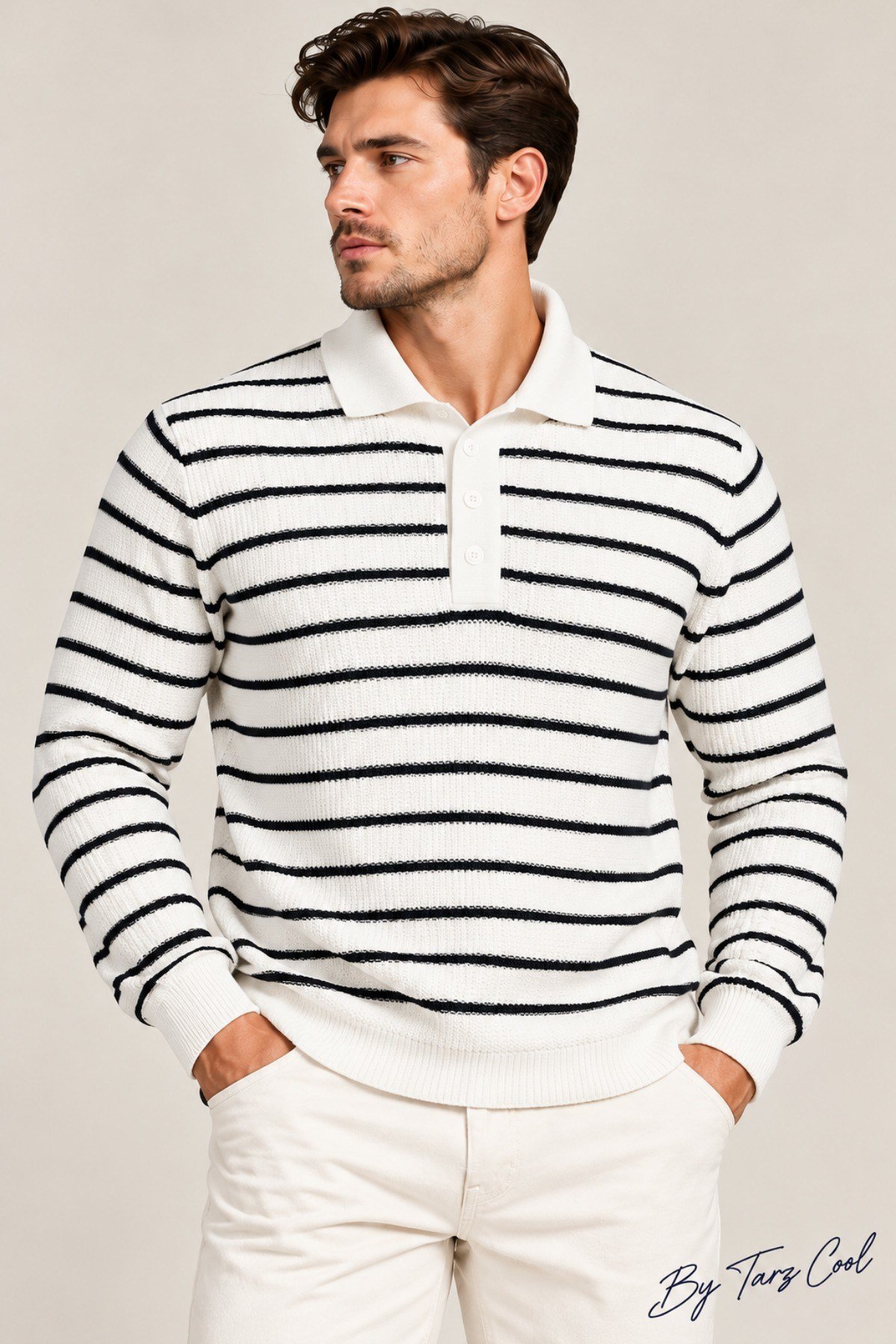 Tarz CoolKazakTRZ-12222-Beyaz-XLErkek Çizgili Polo Yaka Triko Kazak Slim Fit Uzun Kollu Pamuk Akrilik Karışımlı