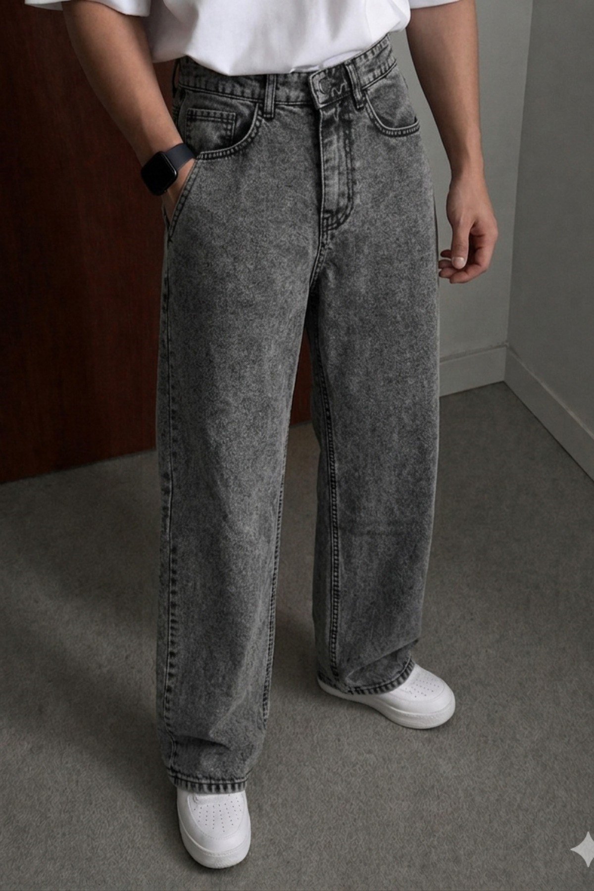Tarz CoolPantolonSRSR-DNM-01-Füme-36Erkek Bol Paça Jean Pantolon Rahat Kesim Denim