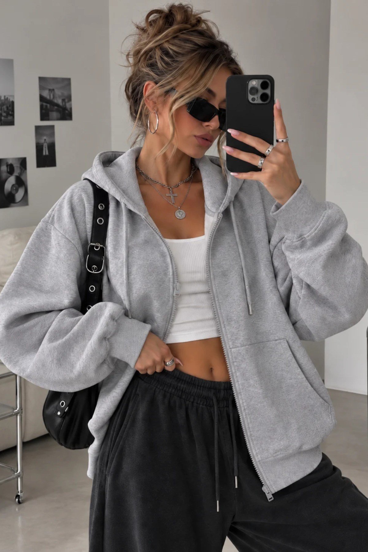 Tarz CoolSweatshirtSWTKPFRMS01GRXLKadın Oversize Kapüşonlu Fermuarlı Sweatshirt 3 İplik Şardonlu Cepli