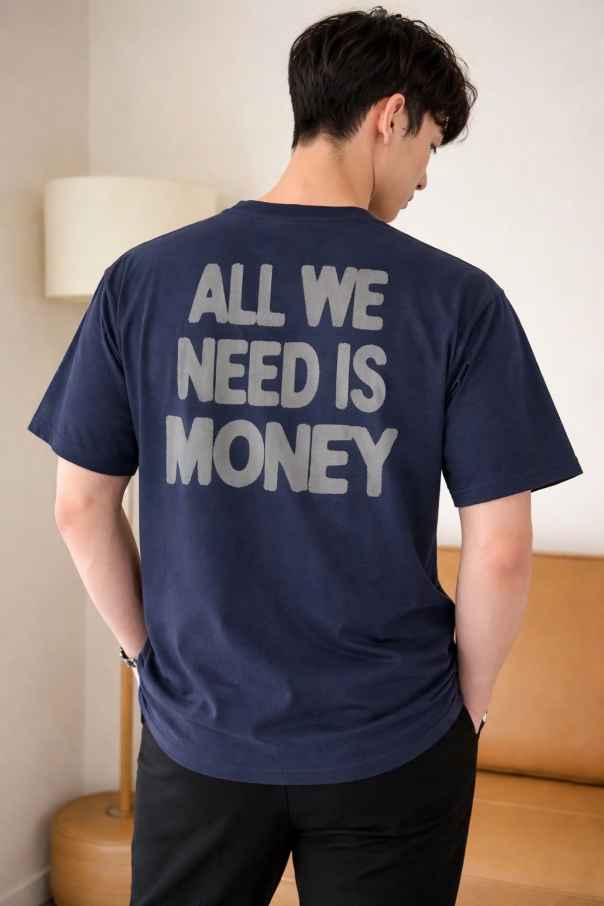 Tarz CoolT-shirtAWNM-OVR-001-LC-SErkek Oversize Tişört Baskılı “All We Need Is Money” Yazılı Basic Streetwear T-Shirt
