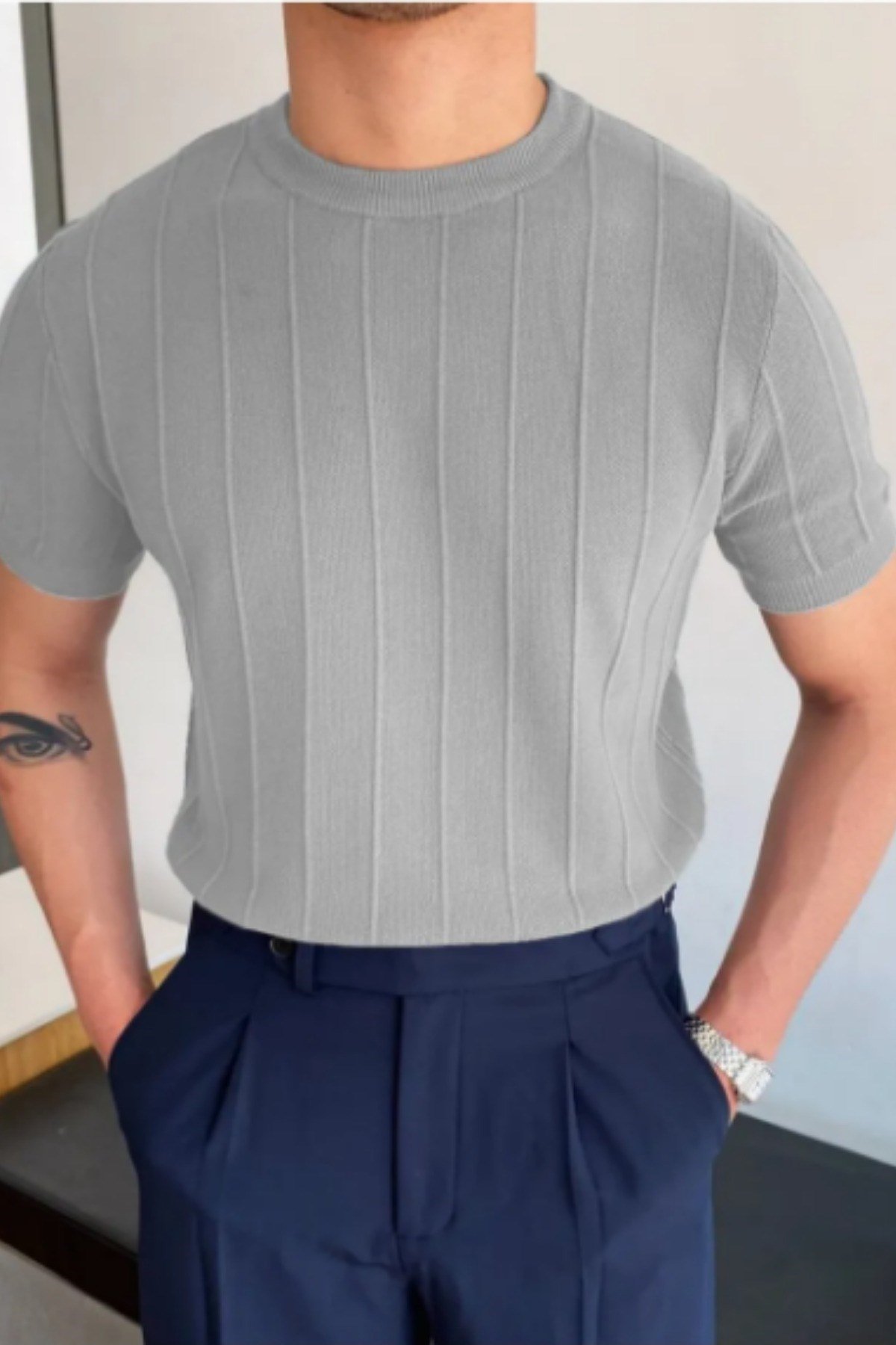 Tarz CoolT-shirtCCS1906R03Erkek Slim Dar Bisiklet Yaka Düz Triko T-Shirt