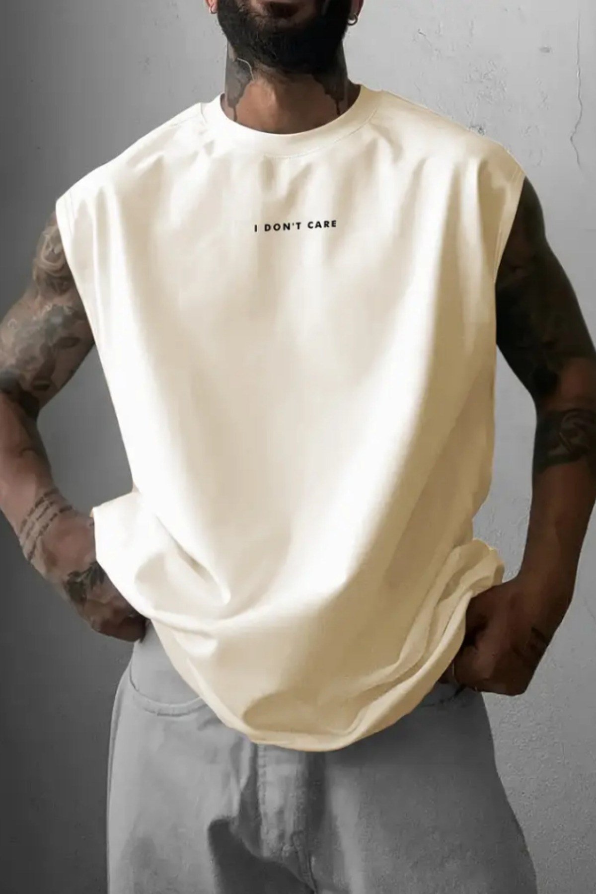 Tarz CoolT-shirtDNTCRAT025-M4-R70I Don't Care Baskılı Kolsuz Atlet tshirt Erkek Sıfır Kol Oversize T-SHİRT