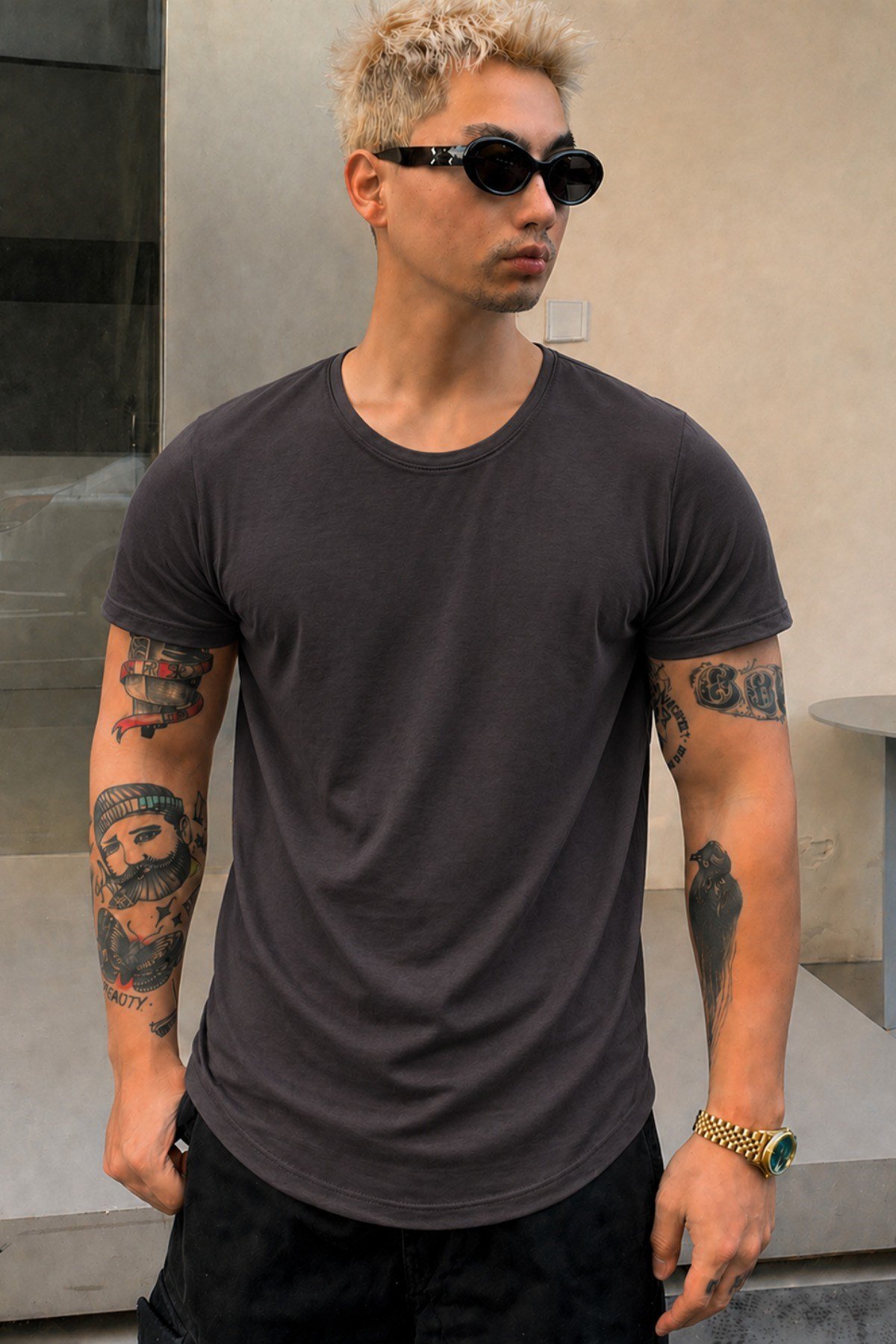 Tarz CoolT-shirtERK-TCPS-026-Antrasit-XLErkek Oval Etek Geniş Yaka %100 Pamuk Kısa Kollu Tişört