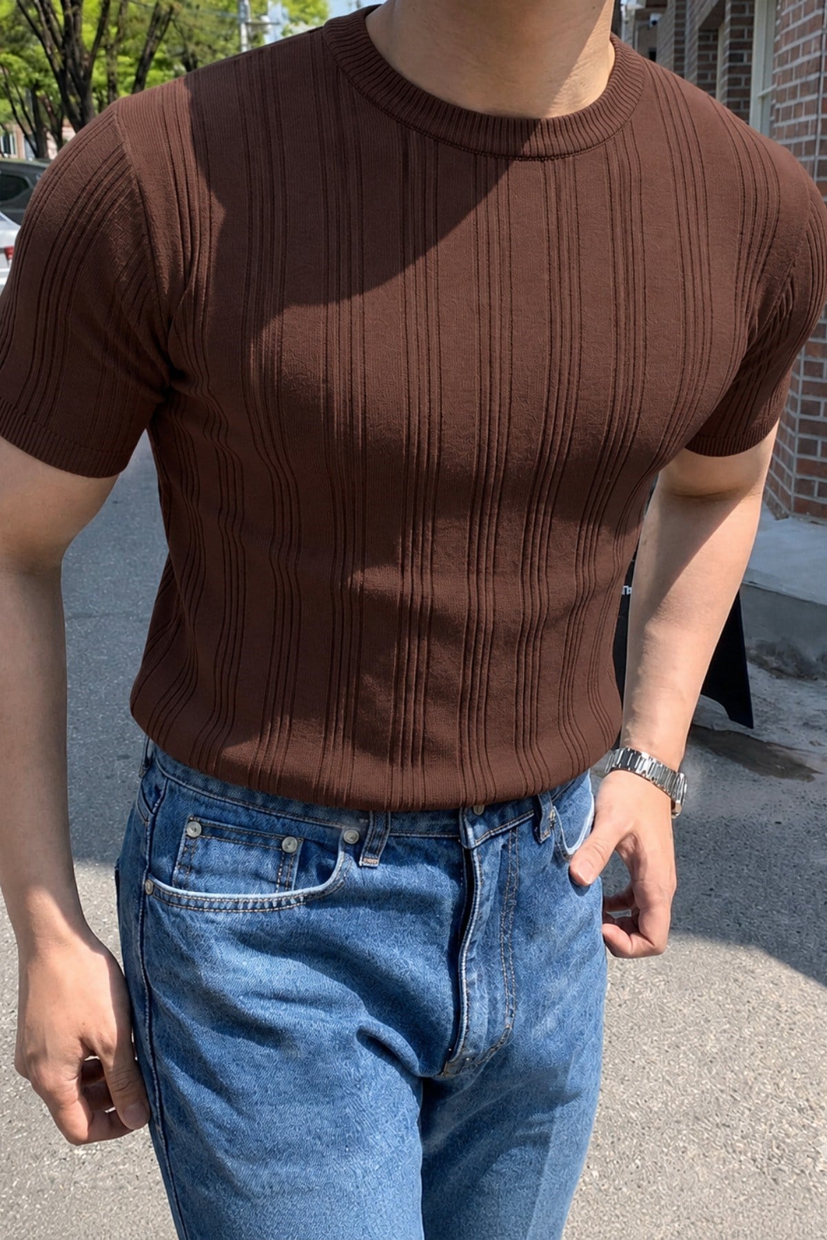 Tarz CoolT-shirtOMT-2471-Kahverengi-SOld Money Fit Bisiklet Yaka Çizgili Triko T-Shirt – Slim Kalıp Premium