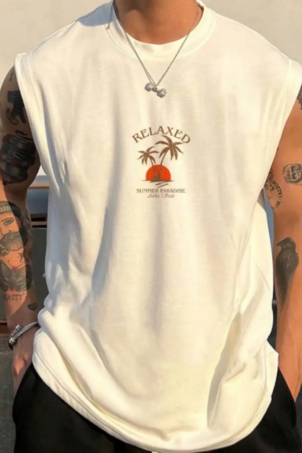 Tarz CoolT-shirtPLMYATLT025R02Palmiye Ağaç Baskılı Kolsuz Atlet tshirt Erkek Sıfır Kol Oversize T-SHİRT