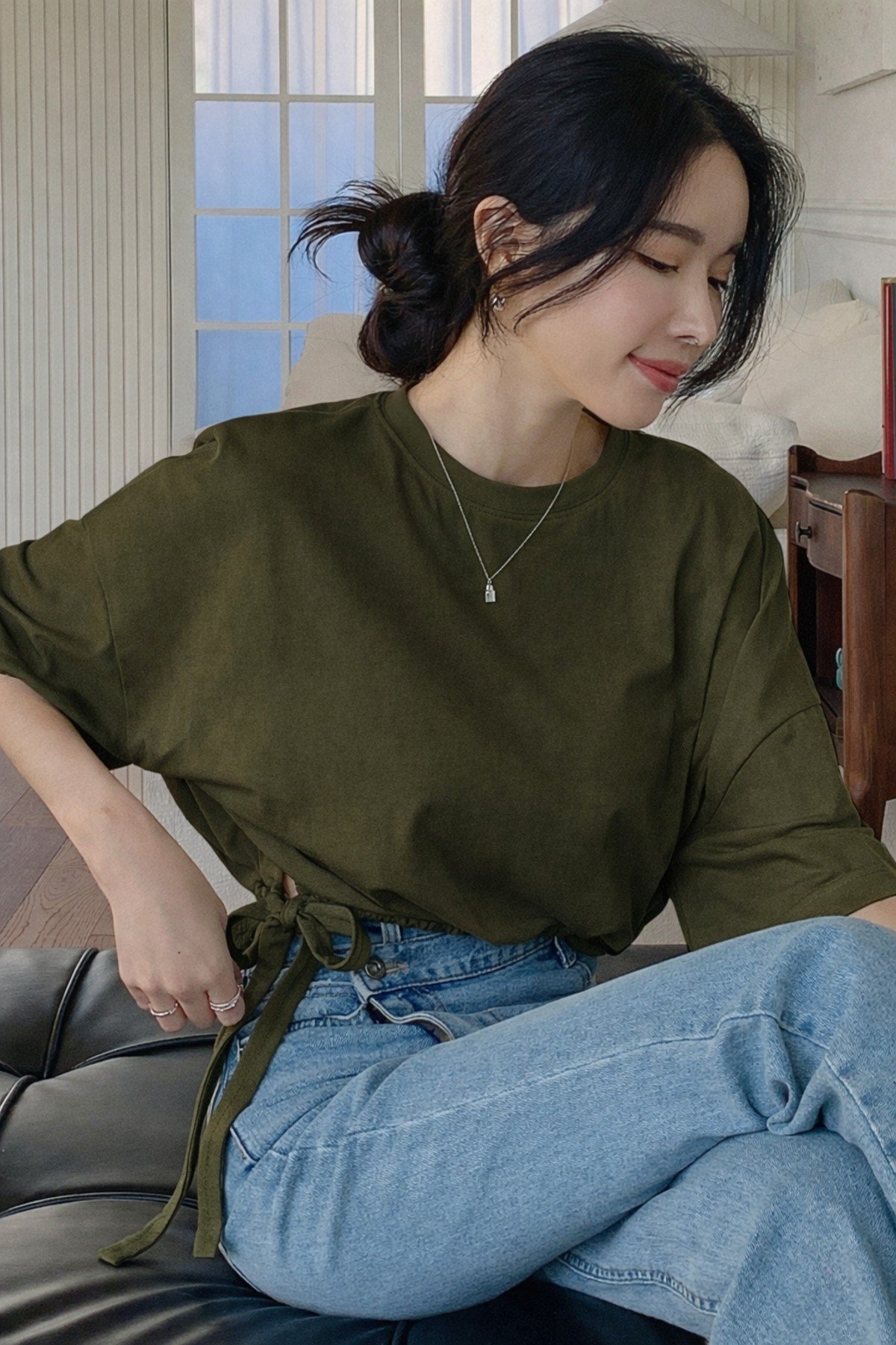 Tarz CoolT-shirtTC-BĞL-01-HKİ-SKadın Oversize Basic Haki Tişört Yan Bağlamalı Rahat Kesim Günlük Yazlık T-Shirt