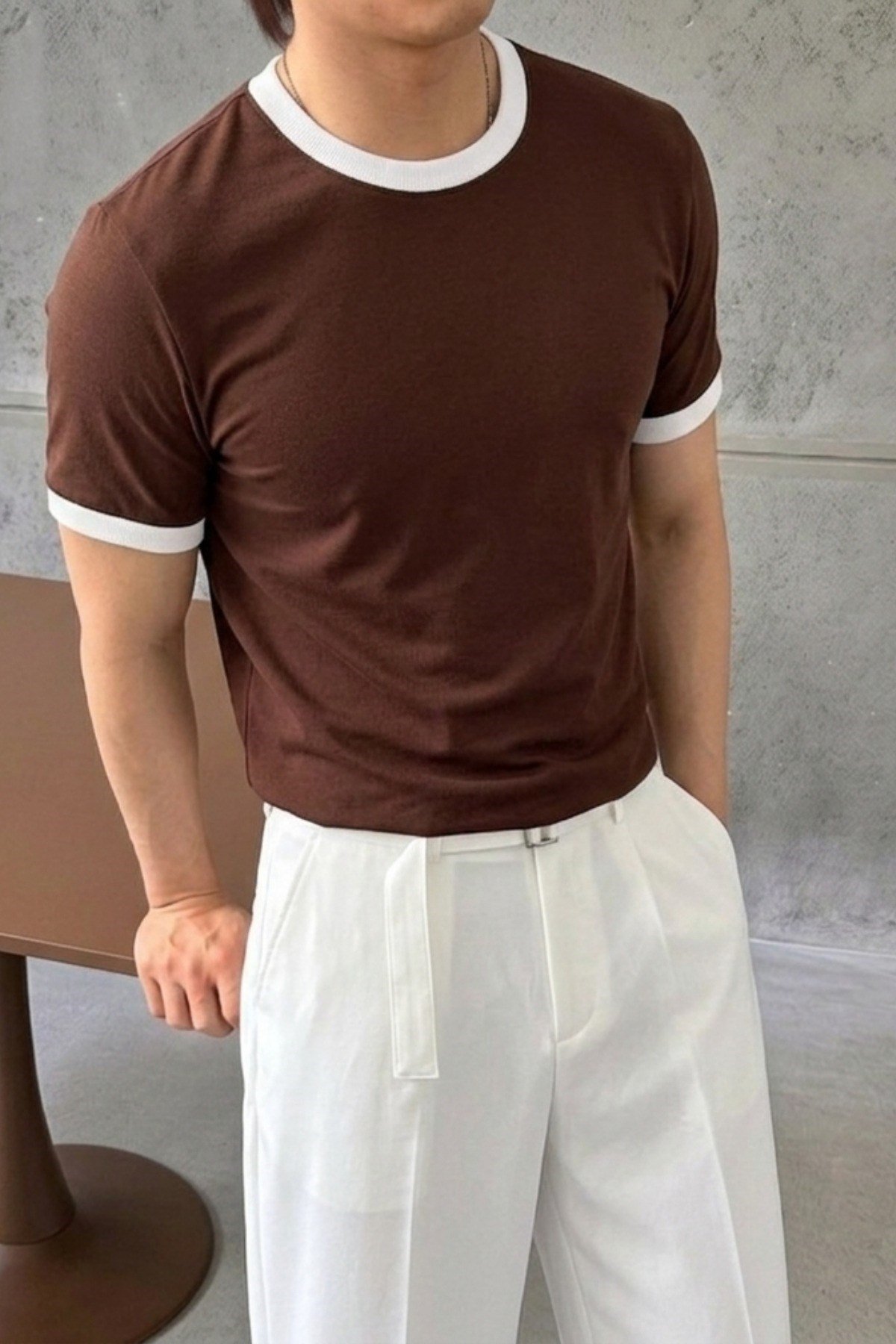 Tarz CoolT-shirtTC-BRW-10-M4-R21Erkek Regular Fit Bisiklet Yaka Kontrast Biyeli %100 Pamuk Süprem Tişört