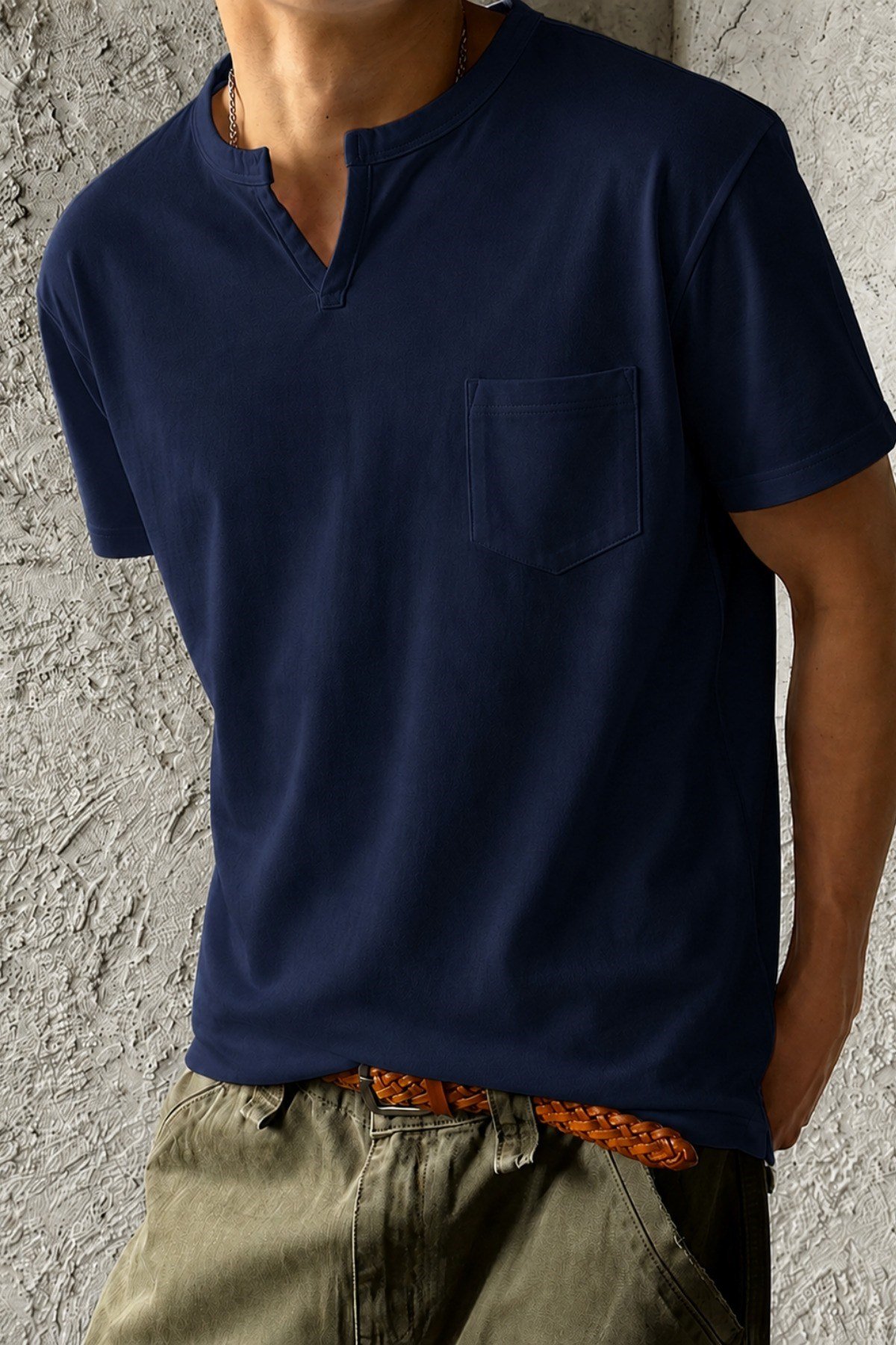 Tarz CoolT-shirtTC-EPHY-1026-Lacivert-LErkek Hakim Yaka Cep Detaylı %100 Pamuk Basic Tişört