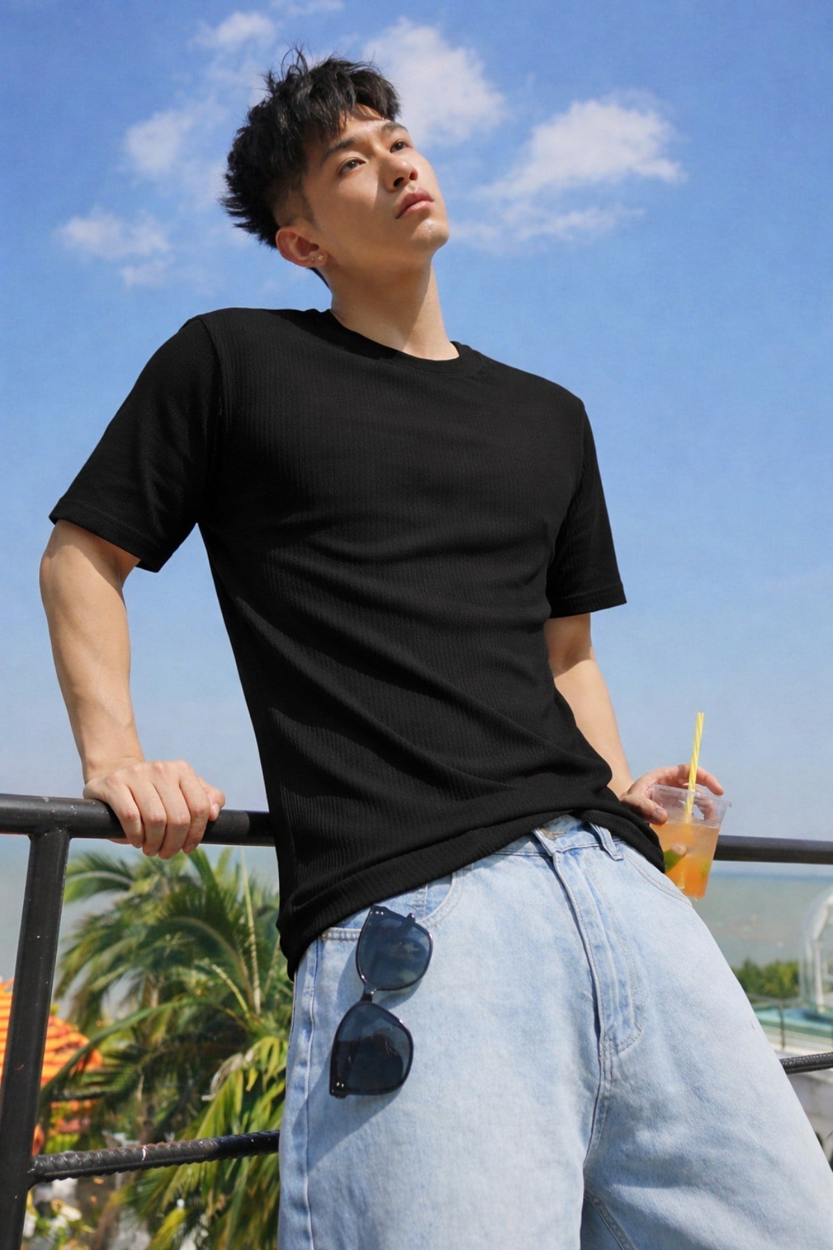 Tarz CoolT-shirtTC-OVR-JKR-001-Siyah-XLErkek Jakarlı Oversize Tişört Bisiklet Yaka Rahat Kalıp Yazlık Basic T-Shirt