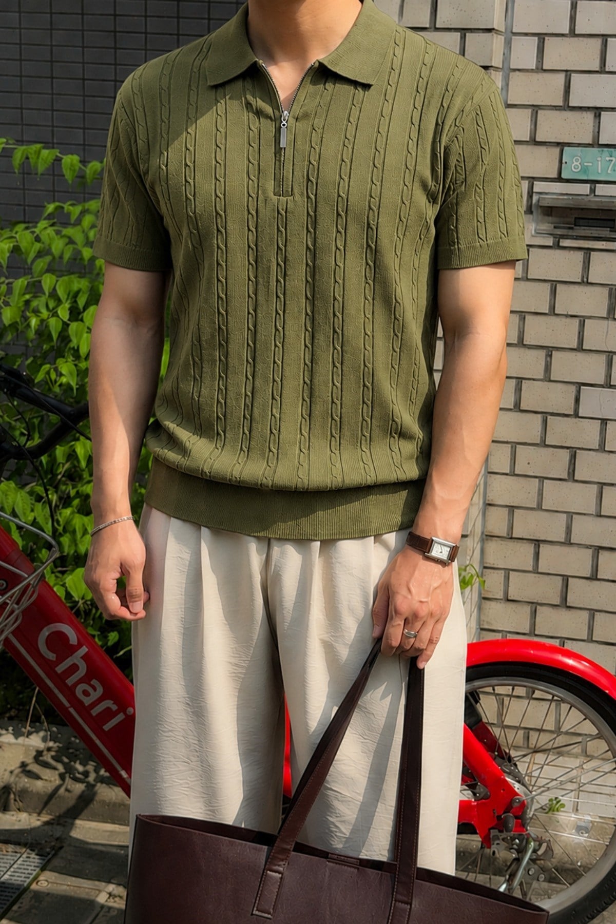 Tarz CoolT-shirtTC-TRRK-2687-Haki-MErkek Slim Fit Fermuarlı Polo Yaka Saç Örgü Desenli Triko Tişört – Yazlık Pamuklu Esnek Örme