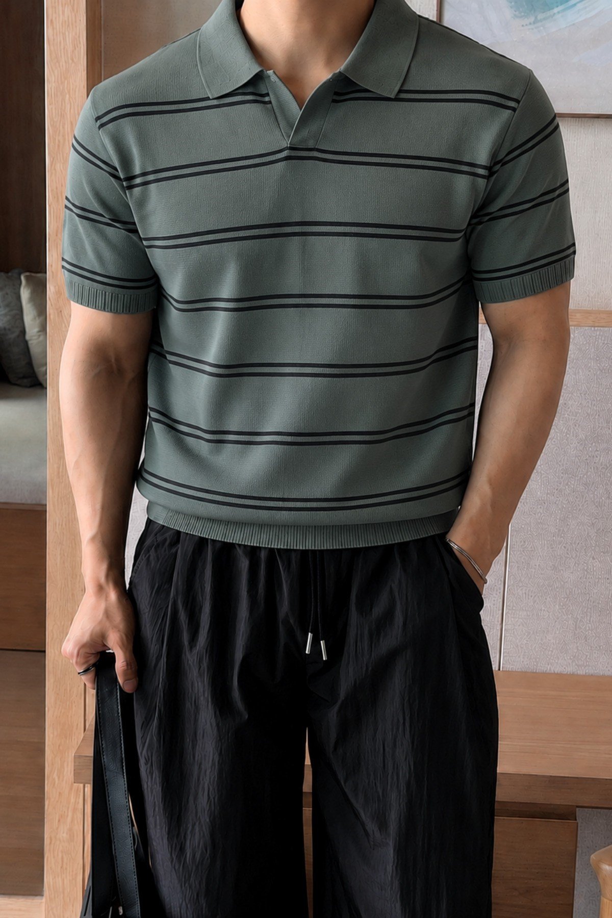 Tarz CoolT-shirtTC-VSK-2687-Haki-LErkek Çizgili Polo Yaka Viskon Triko Tişört – Slim Fit Yazlık Şık Triko Polo