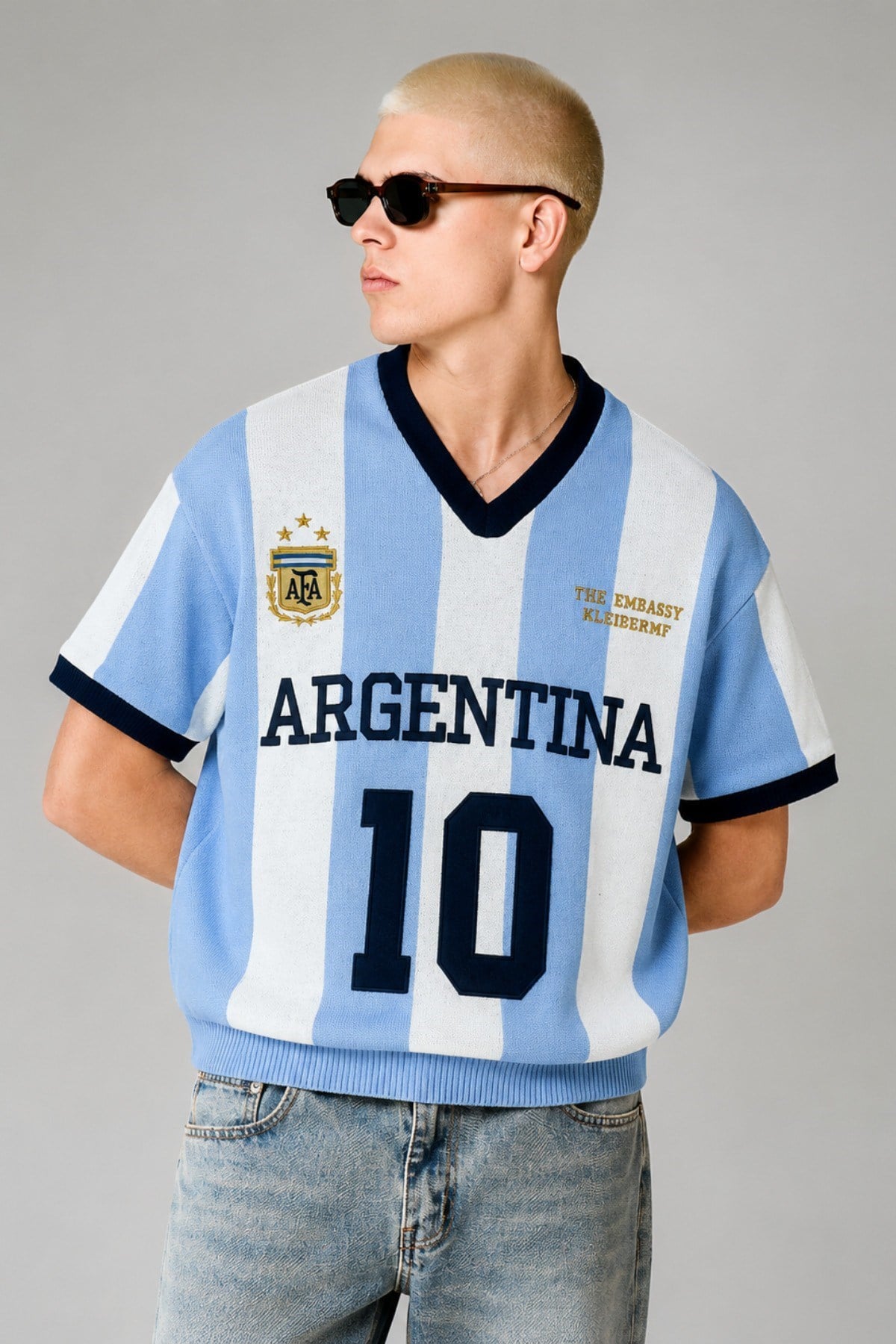 Tarz CoolT-shirtTRK-ULKE-026-Mavi-LErkek Argentina Nakışlı Oversize V Yaka Triko T-Shirt