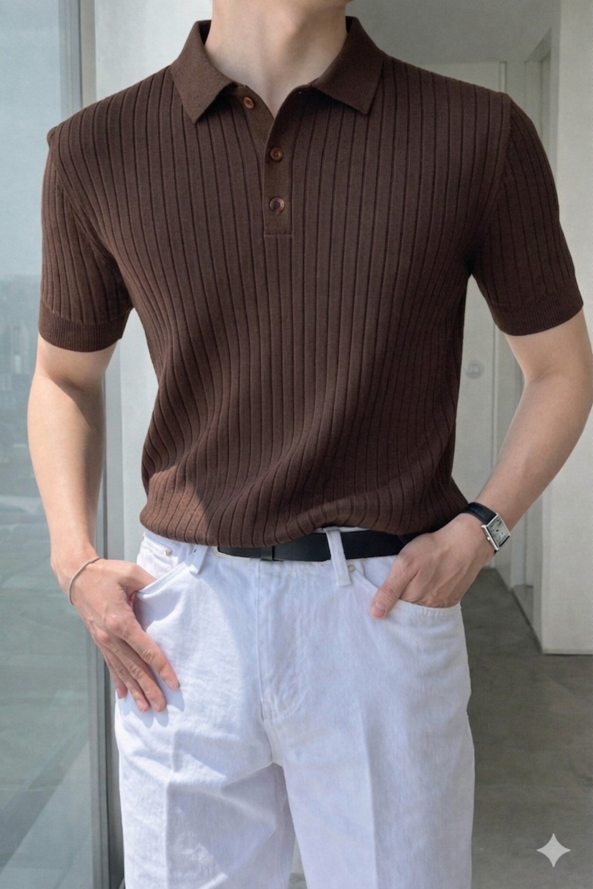 Tarz CoolT-shirtTRZ19070-KH-SErkek Düğmeli Fitilli Triko Polo Tişört Slim Fit