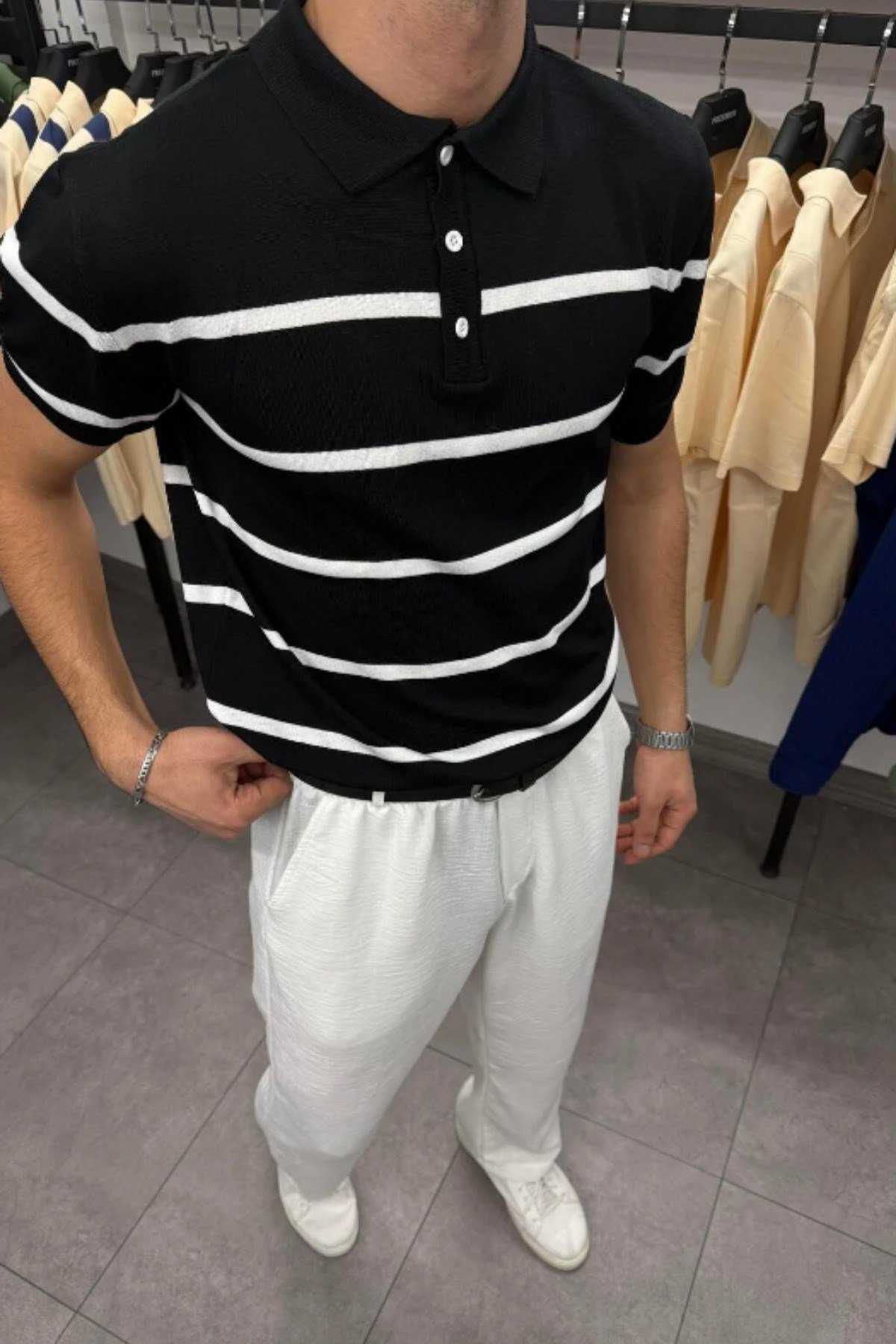 Tarz CoolT-shirtTRZ3013R27Erkek Düğmeli Polo Yaka Çizgi Detaylı Slim Fit Triko T-Shirt