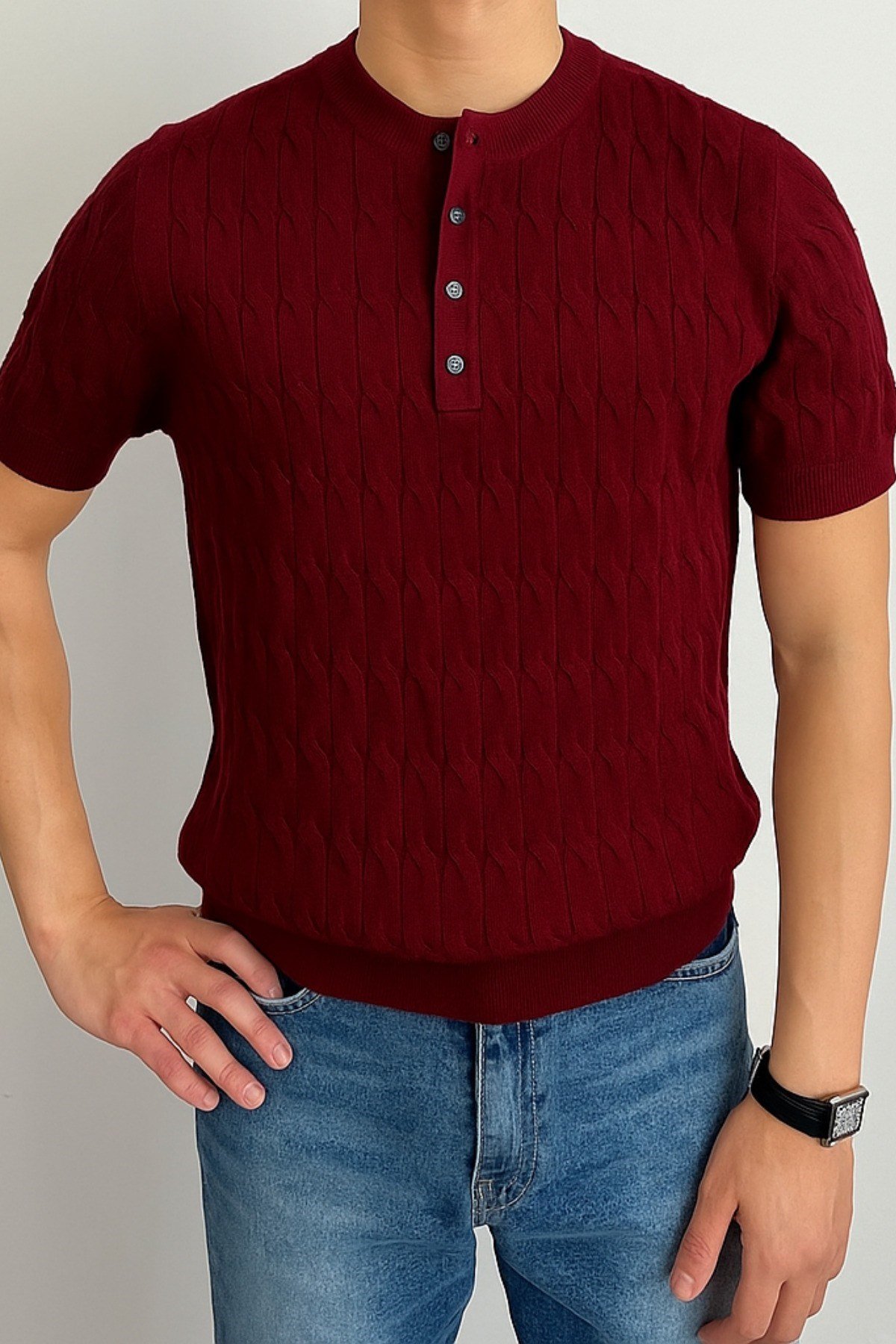 Tarz CoolT-shirtTRZ842205R04Erkek Hakim Yaka Düğmeli Slim Fit Triko T-Shirt