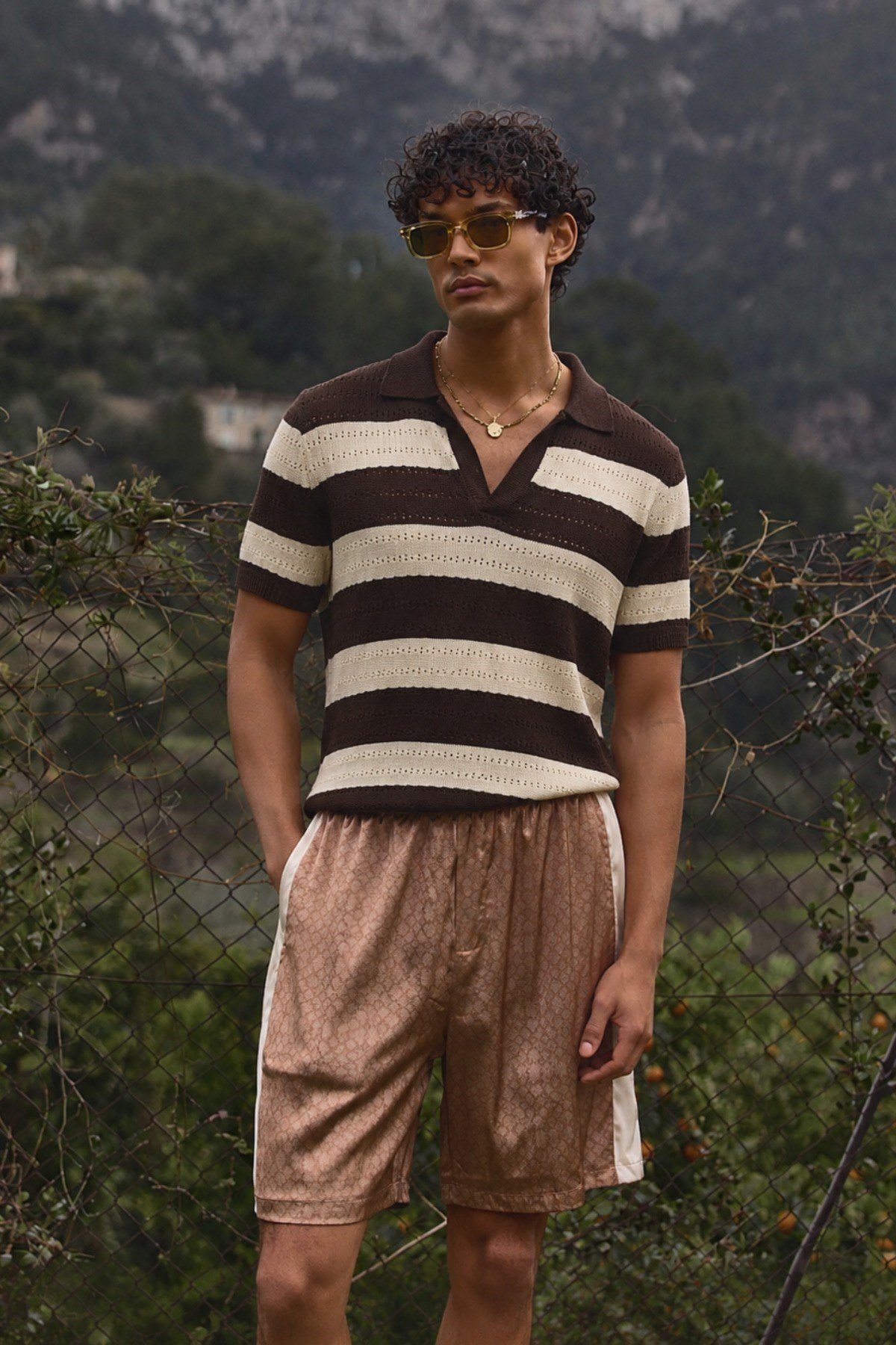 Tarz CoolT-shirtZ-2026-Kahverengi-SErkek Oversize Kalın Örgü Polo Yaka Triko Fileli Tişört Çizgili Vintage Yazlık Rahat Fit