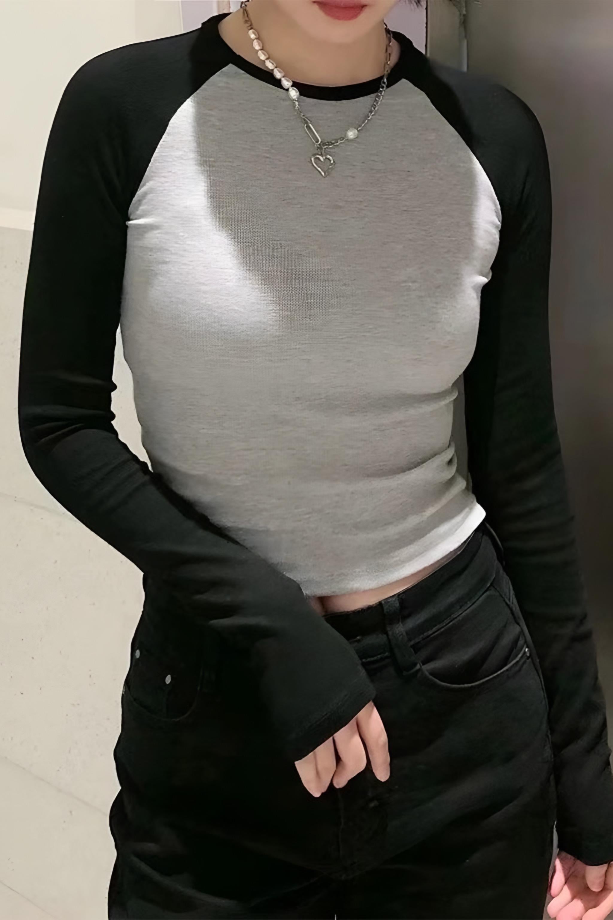 Basic Gri-Siyah Reglan Uzun Kol Tam Boy Bluz