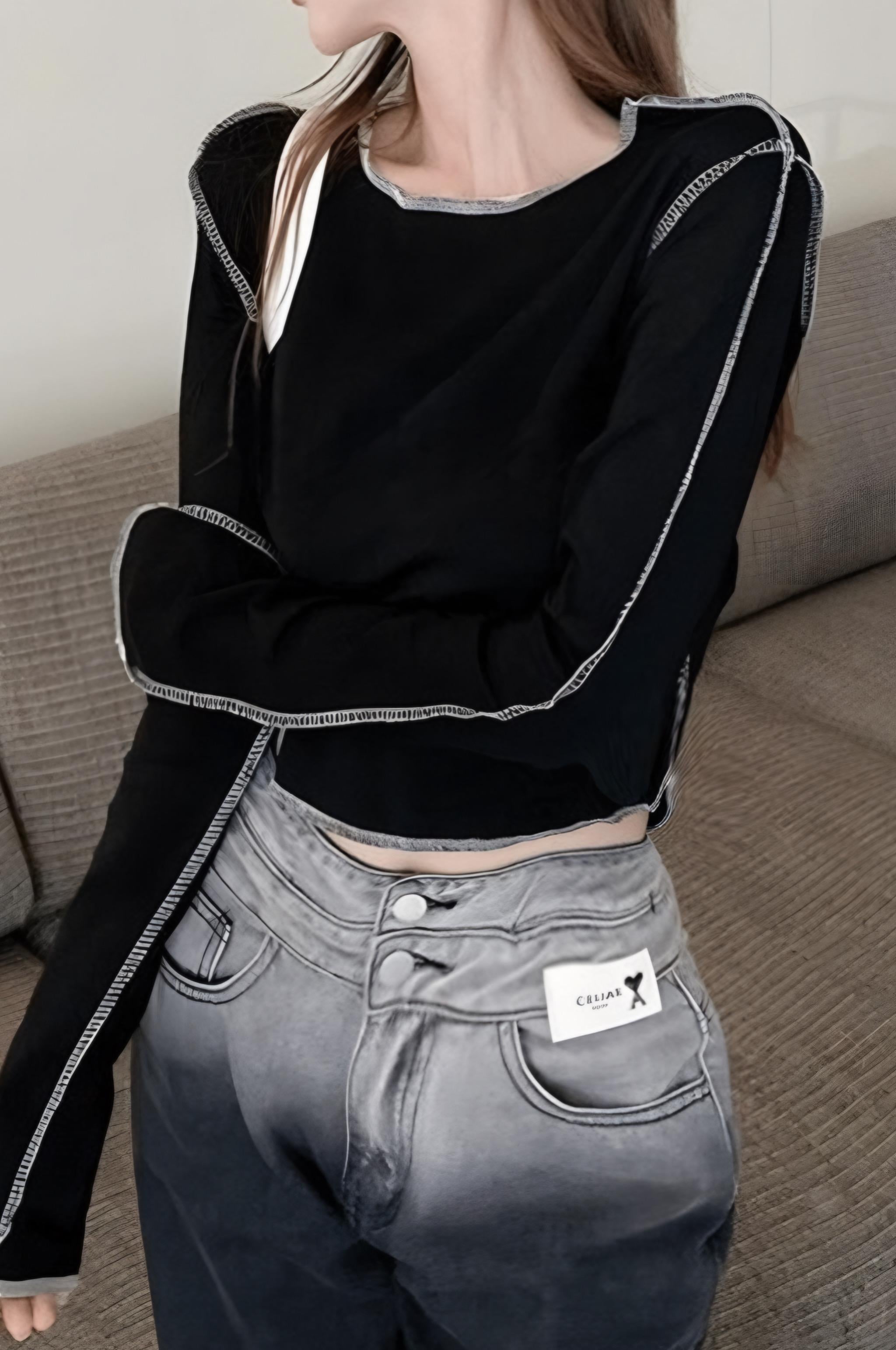 Basic Siyah Ters Dikiş Crop Bluz