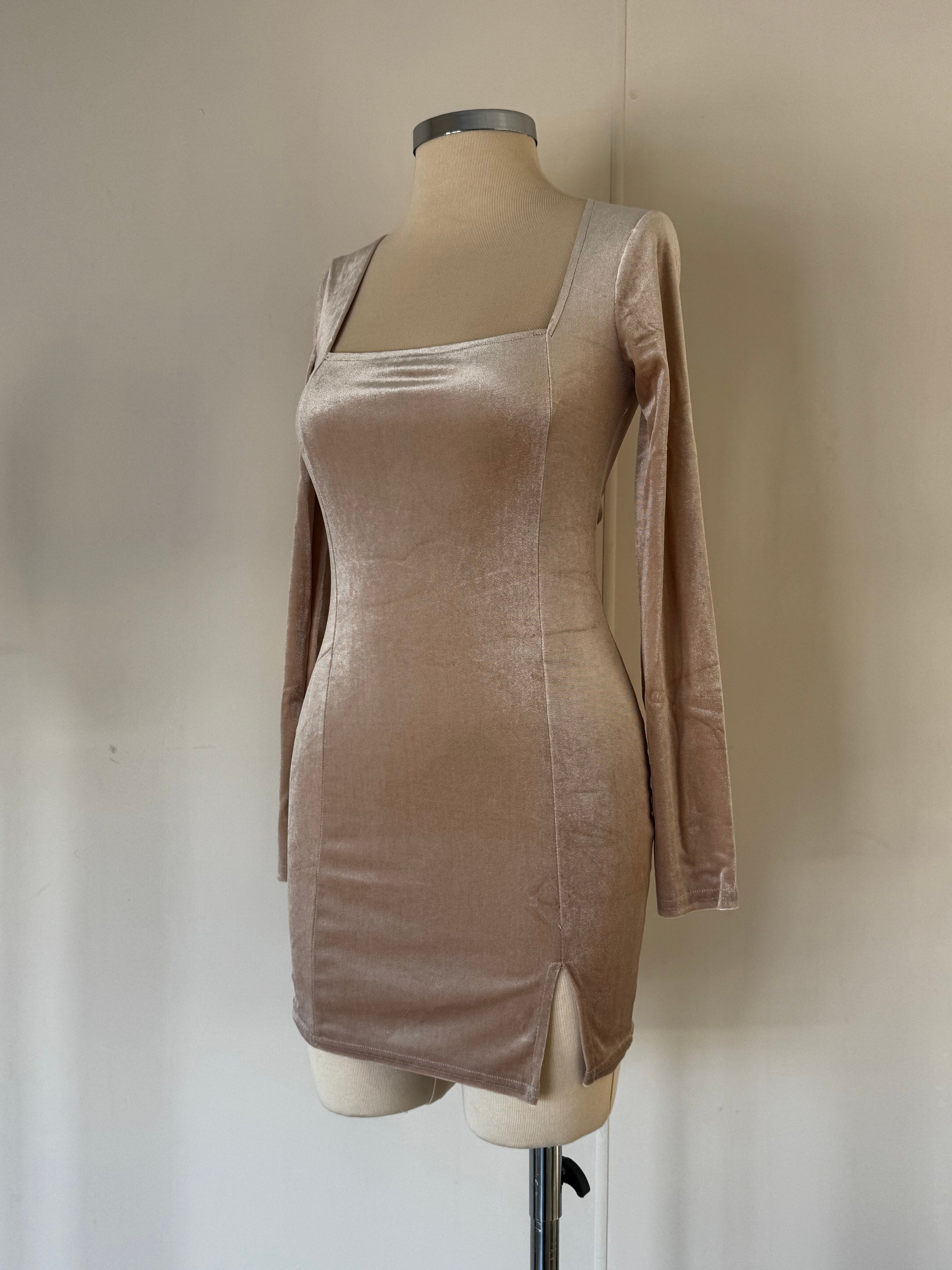 Beige Velvet Slit Detailed Dress
