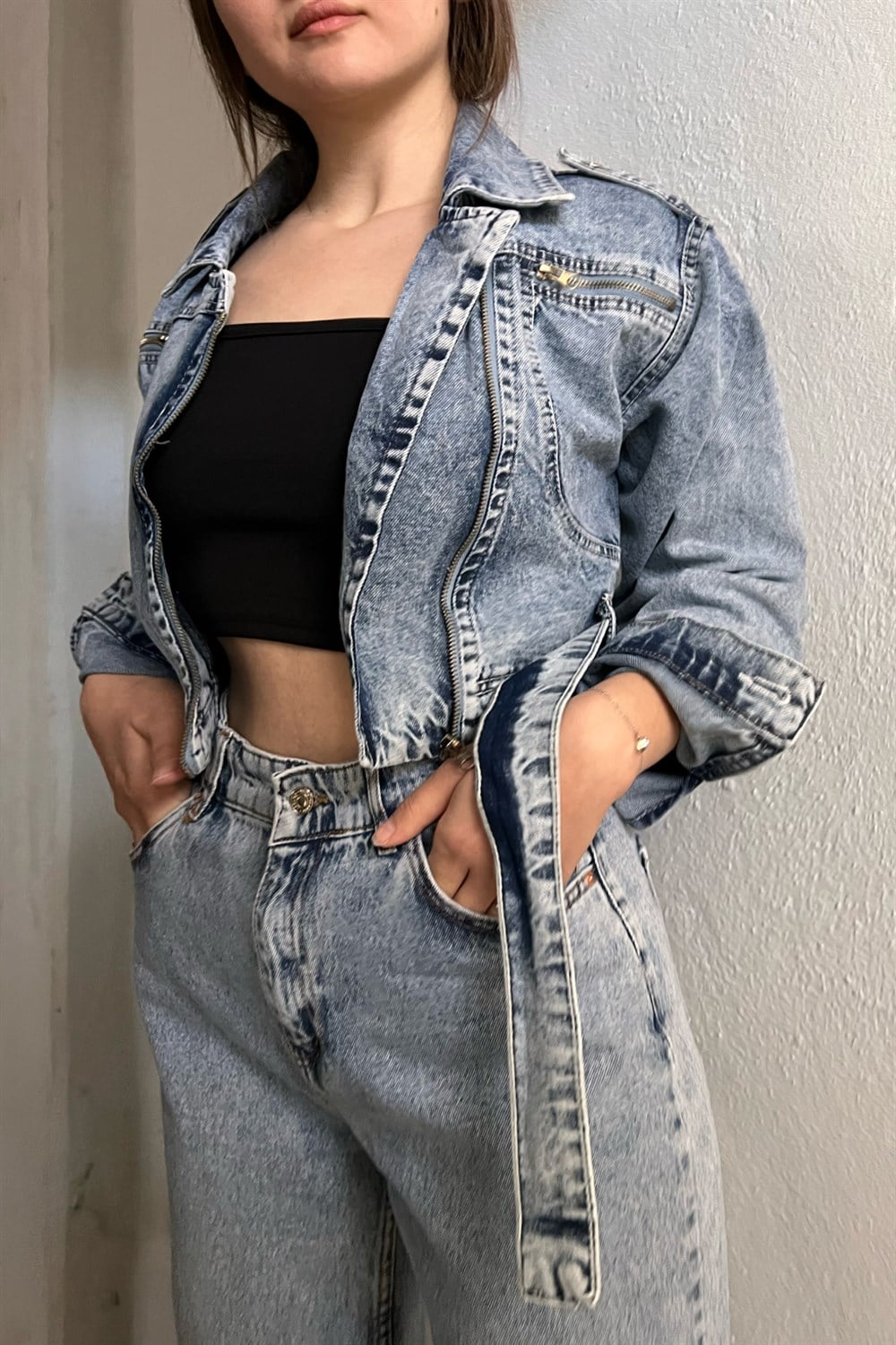 Bel Kemer Detay Denim Ceket