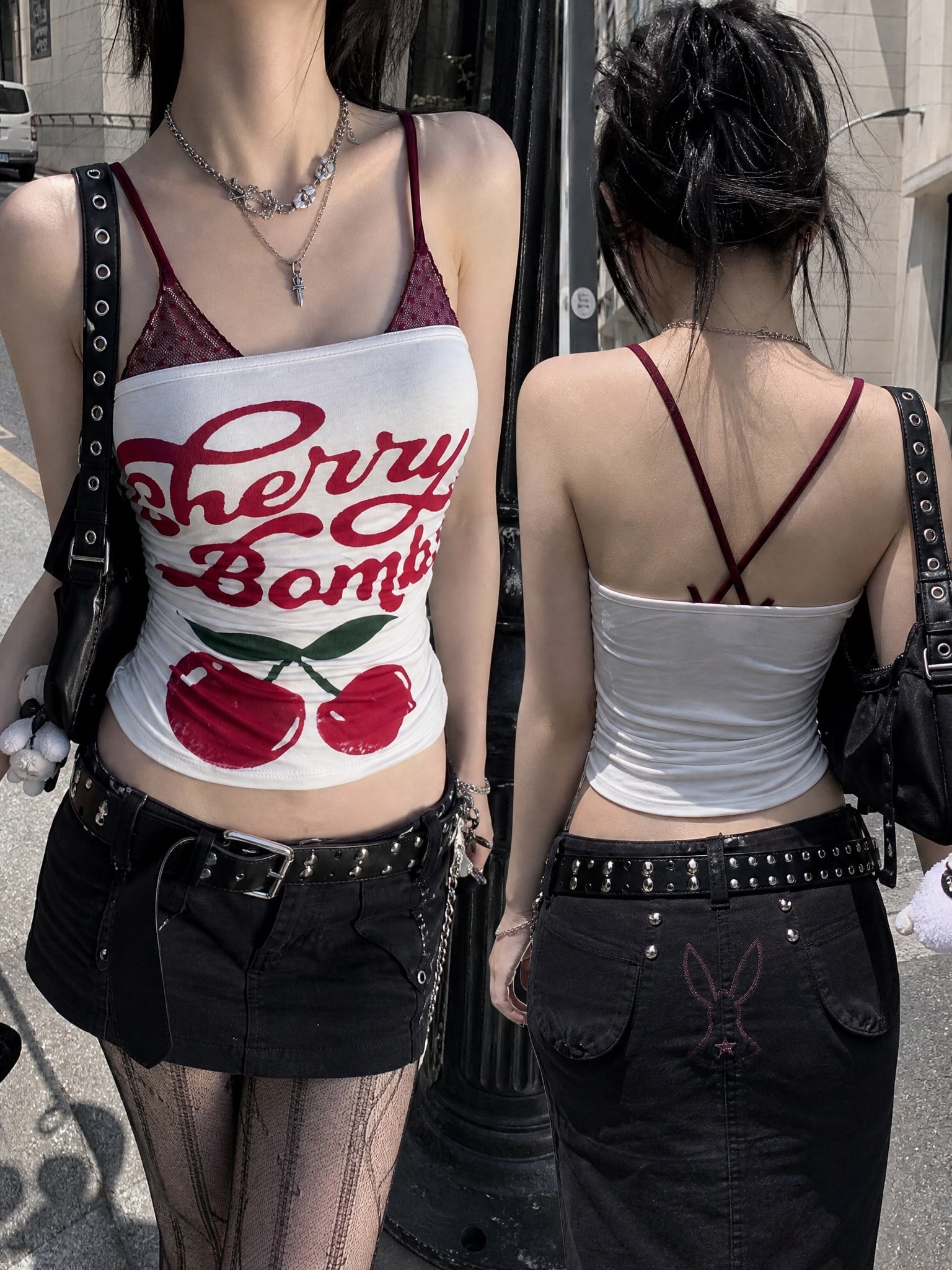 Beyaz Cherry Bomb Dantelli Ek Y2K Askılı Crop