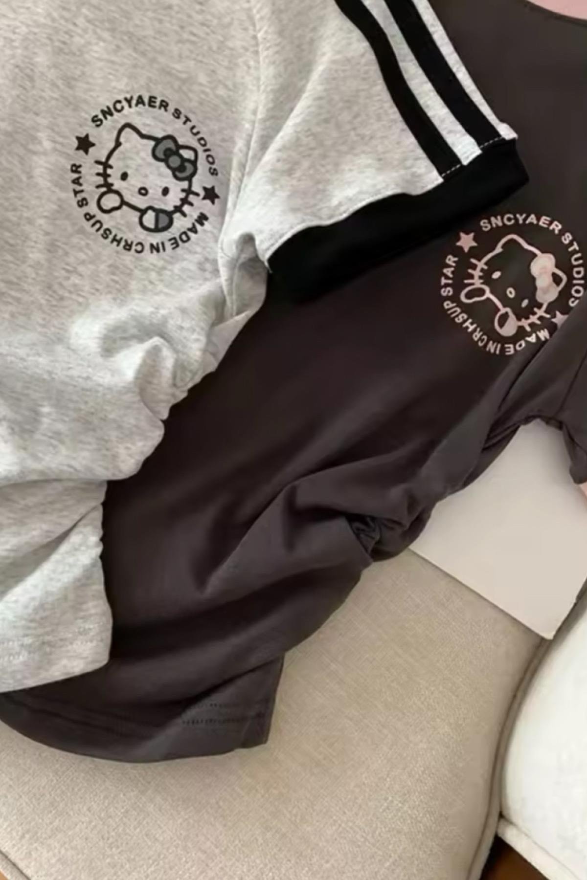 Black Grey Kitty Büzgülü Crop