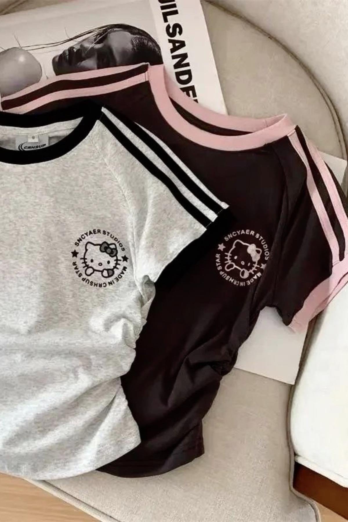 Black Grey Kitty Büzgülü Crop