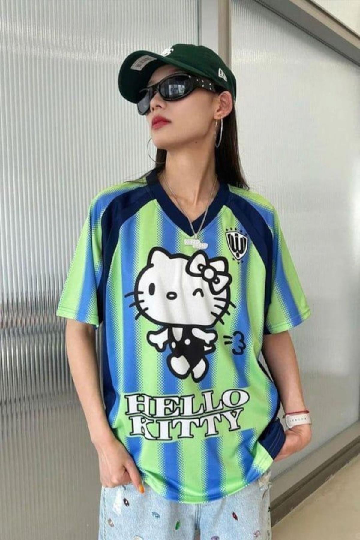 Blue Green Kitty Jersey T-shirt