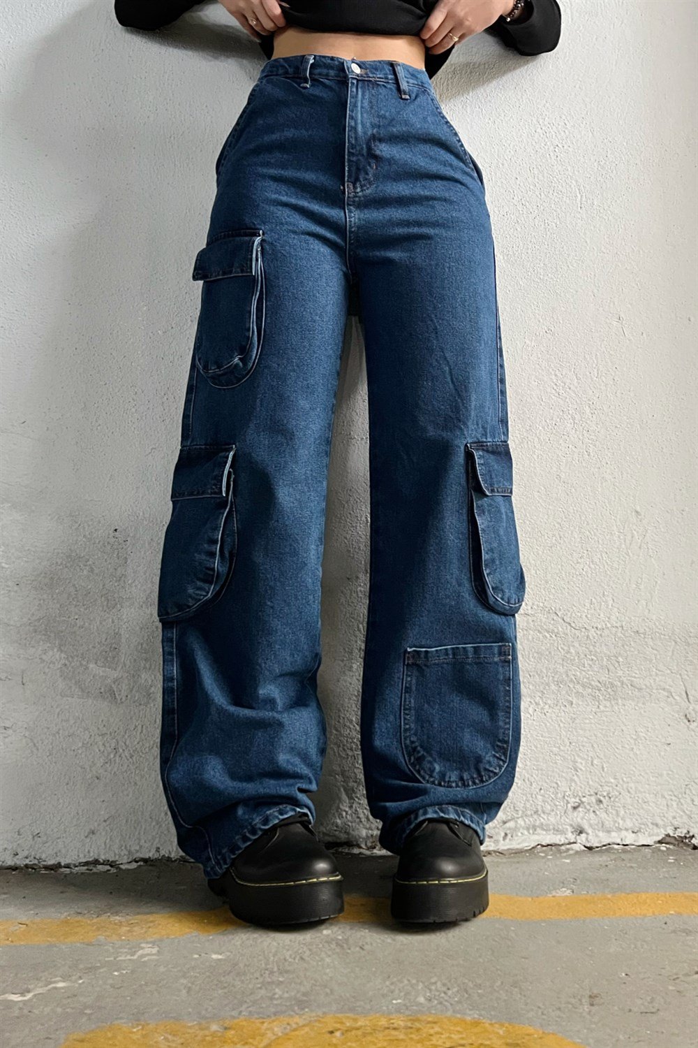 Denim Yuvarlak Körüklü Kargo Cep Wide Jeans