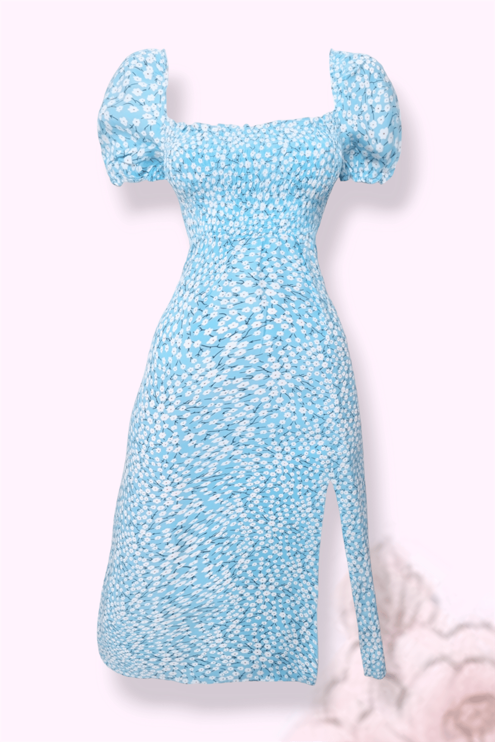 Flower Desing Blue Midi Elbise
